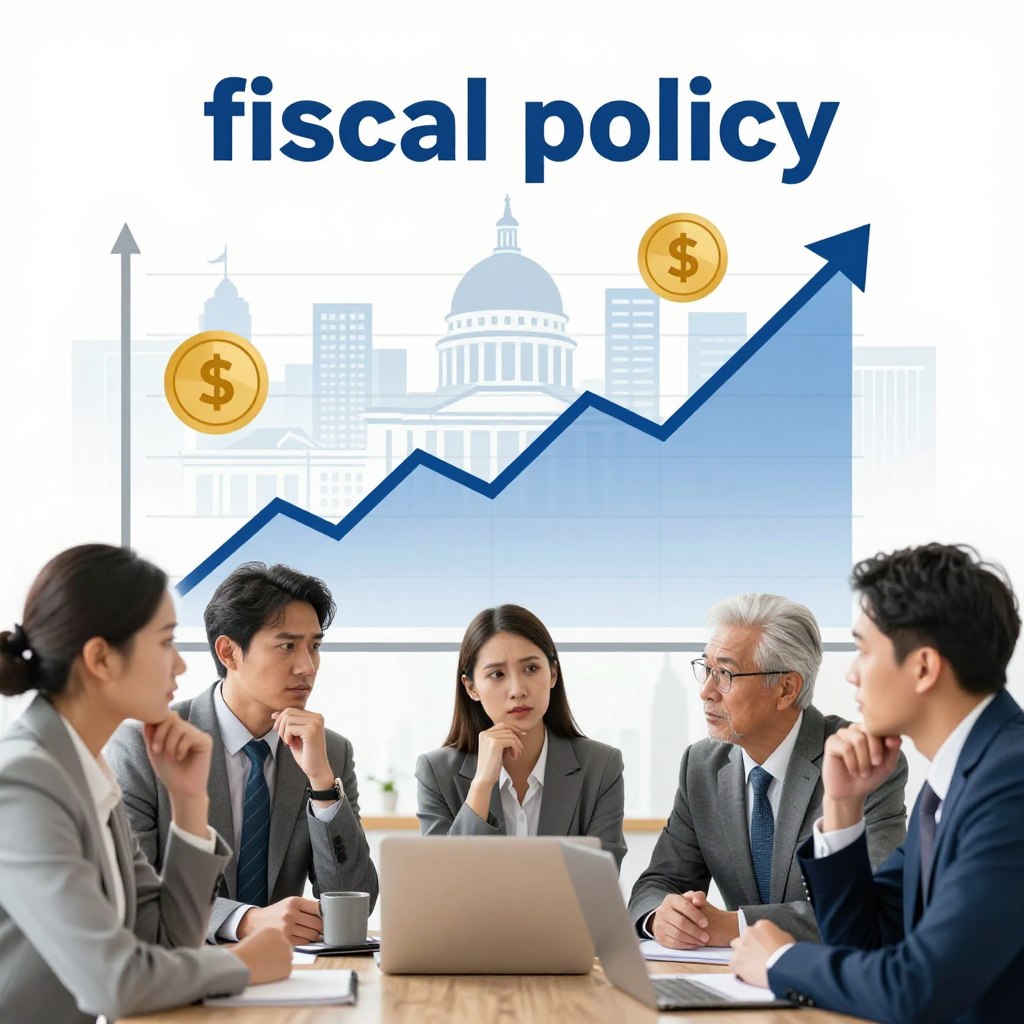 A conceptual illustration representing "fiscal policy," focusing on its impact on citizens. In the foreground, a diverse group of citizens in professional business attire appears engaged in discussion, showcasing expressions of curiosity and concern. The middle ground features a stylized graph showing rising and falling economic trends, symbolizing tax impacts and public spending. In the background, a modern cityscape with government buildings and fiscal symbols, such as coins and financial charts, creates context. Soft, natural lighting highlights the subjects, creating a hopeful and informative atmosphere. This scene captures the essence of public finance's influence on everyday life, aiming to evoke thoughtfulness and engagement.