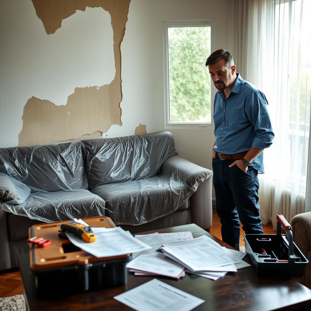 A concerned tenant stands in their living room, surrounded by water damage caused by a recent leak. In the foreground, the tenant, wearing a tasteful blue shirt and dark pants, is examining a damp wall, with a worried expression on their face. The middle layer features furniture covered with protective plastic, indicating ongoing repairs, while insurance documents are spread out on a coffee table, partially obscured by a toolbox. The background shows a window with rain cascading down, enhancing the somber atmosphere of uncertainty. Soft, natural light filters in, casting gentle shadows, creating a mix of tension and hope. The overall mood is serious yet determined, reflecting the challenge of dealing with an unexpected disaster. A concerned tenant stands in their living room, surrounded by water damage caused by a recent leak. In the foreground, the tenant, wearing a tasteful blue shirt and dark pants, is examining a damp wall, with a worried expression on their face. The middle layer features furniture covered with protective plastic, indicating ongoing repairs, while insurance documents are spread out on a coffee table, partially obscured by a toolbox. The background shows a window with rain cascading down, enhancing the somber atmosphere of uncertainty. Soft, natural light filters in, casting gentle shadows, creating a mix of tension and hope. The overall mood is serious yet determined, reflecting the challenge of dealing with an unexpected disaster.