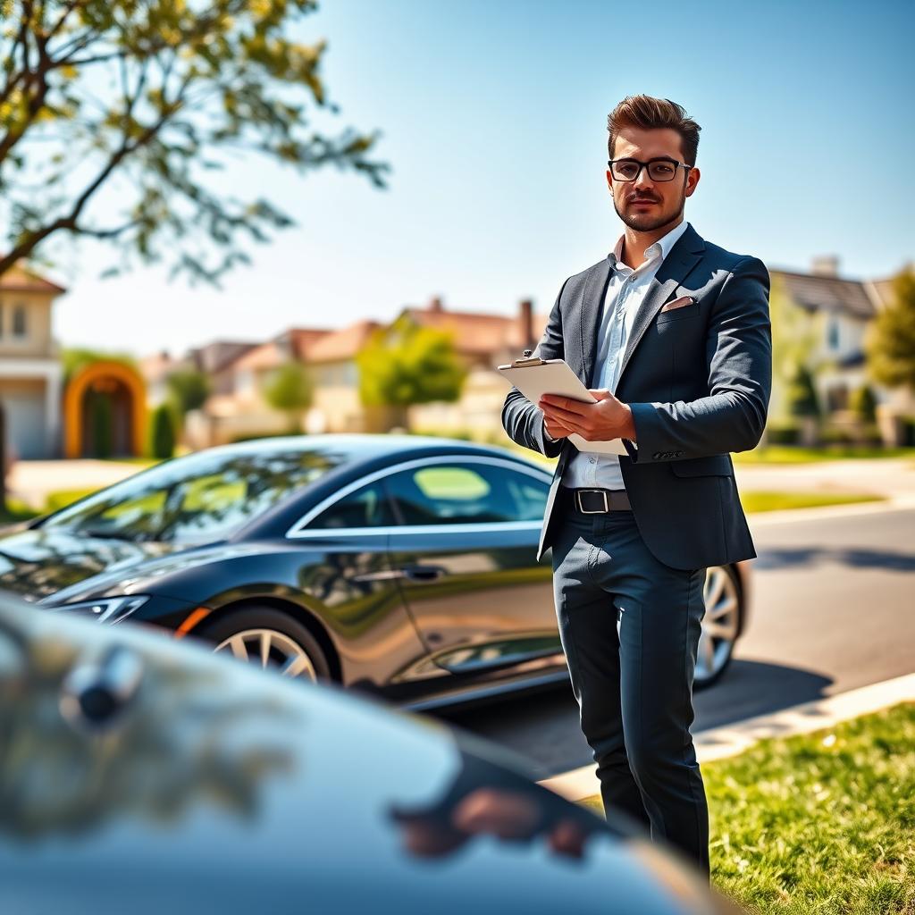 A confident individual, dressed in smart casual attire, stands next to a sleek, modern car in a tranquil suburban setting, representing the concept of comprehensive auto insurance coverage. In the foreground, a clipboard and pen are held in one hand, symbolizing the process of signing up for assurance tous risques. The middle ground features the car prominently, polished and vibrant, reflecting a sense of security and protection. In the background, a picturesque neighborhood with well-maintained homes and trees evokes a feeling of calm and safety. The lighting is warm and inviting, suggesting a sunny day, with soft shadows enhancing the scene from a slightly low angle perspective. The overall atmosphere conveys trust, reliability, and the importance of safeguarding one's vehicle.