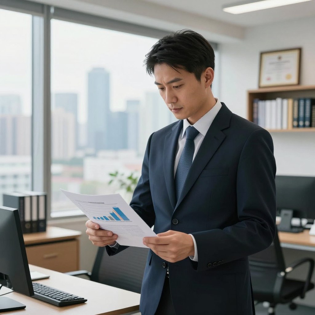 A confident public finance inspector standing in a modern office setting, dressed in professional business attire, reviewing financial documents. The foreground features the inspector holding a portfolio with graphs and charts, exuding a sense of determination and focus. In the middle ground, a large window reveals a city skyline, symbolizing growth and opportunity. The background includes shelves of finance-related books and certificates framed on the walls, showcasing expertise and professionalism. Soft natural lighting illuminates the scene, creating an inspiring and aspirational atmosphere. A slight depth of field effect adds emphasis to the inspector while gently blurring the background, conveying a sense of clarity in career prospects.