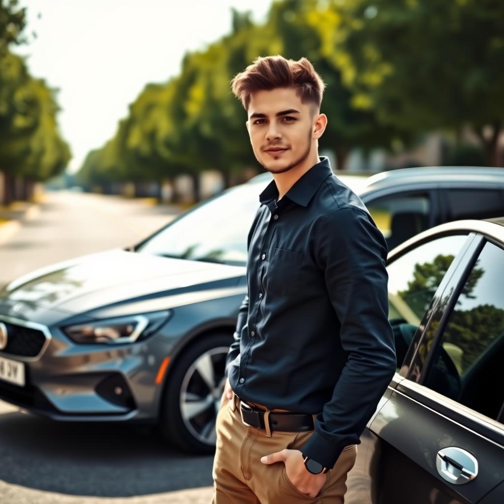 A confident young driver standing beside a sleek, modern car, symbolizing comprehensive insurance for young drivers. The foreground features the driver, wearing smart casual attire, with a focused expression, reflecting responsible driving. In the middle, the car is parked safely on a suburban street, showcasing its shiny exterior under soft natural lighting. The background reveals a sunny day with green trees lining the road, creating a sense of security and peace of mind. The angle captures the car and driver harmoniously, emphasizing the theme of safety and assurance. The overall mood is optimistic, reflecting trust and confidence in choosing comprehensive auto insurance for young drivers.