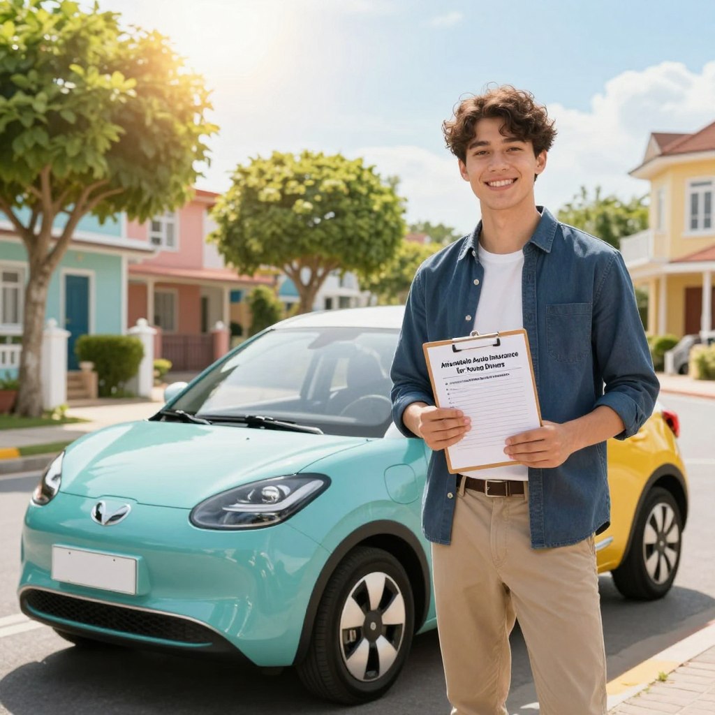 A confident young driver, wearing smart casual attire, stands next to a compact car, showcasing a vibrant and modern design. The foreground features the driver smiling, holding a clipboard with a checklist labeled "Affordable Auto Insurance for Young Drivers." In the middle, the car is parked on a picturesque street, lined with green trees and colorful houses. In the background, a sunny sky casts a warm, inviting light, enhancing the overall friendly atmosphere. The image captures a sense of excitement and opportunity for young drivers exploring budget-friendly insurance options. The angle is slightly low to emphasize the youthful enthusiasm and optimism, with a bright and fresh color palette that evokes a positive vibe.