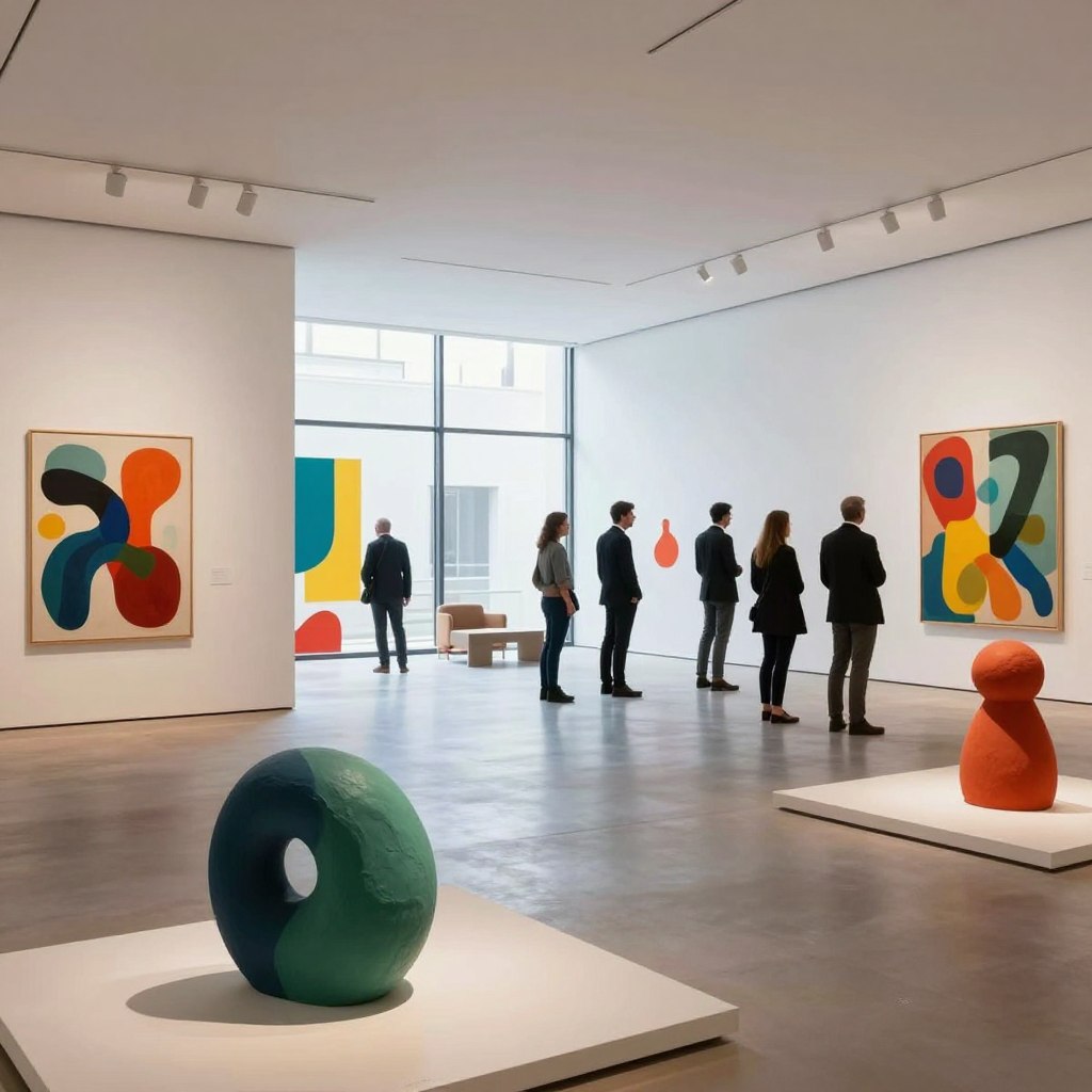 A contemporary art gallery situated in Lille, showcasing vibrant abstract sculptures and large-scale installations. In the foreground, vivid colors pop from diverse art pieces highlighting creativity and innovation, while visitors in professional business attire engage with the exhibits. The middle ground features an open space with a sleek, modern design, large windows providing natural light that floods the gallery, softly illuminating the artwork. In the background, you can see playful contrasts of colors on the walls and minimalist furniture that complements the artistic environment. The overall mood is inspiring and thought-provoking, encouraging dialogue and appreciation for art and creation in a dynamic setting.