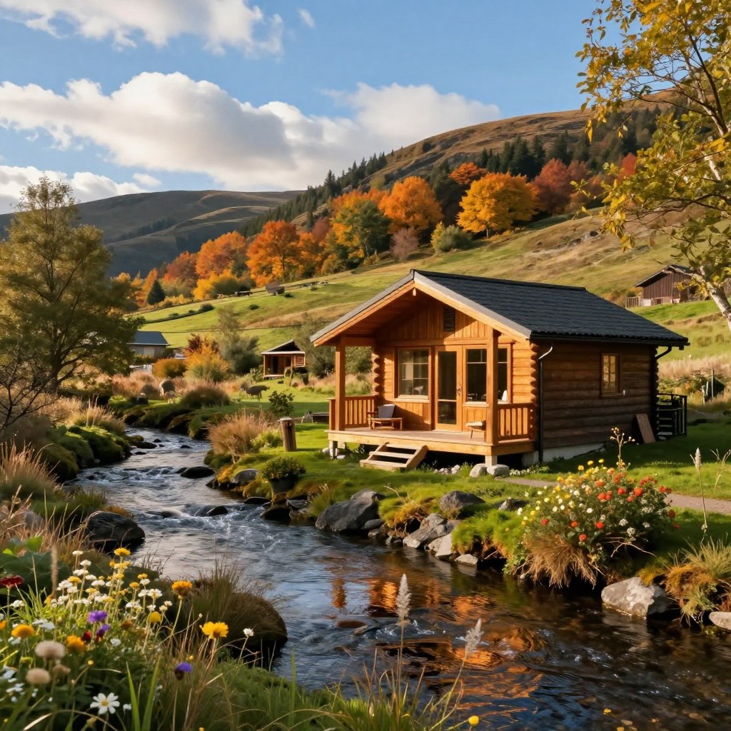 A cozy Nordic accommodation nestled in the serene northern region of France. In the foreground, a charming wooden cabin with large windows and a welcoming porch, surrounded by lush greenery and wildflowers. The middle ground features a gently flowing stream, reflecting the blue sky and fluffy clouds above. In the background, soft rolling hills covered in vibrant autumn foliage, suggesting a tranquil, inviting atmosphere. The scene is illuminated by warm, golden sunlight, casting soft shadows and enhancing the outdoor ambiance. Capture this idyllic setting from a slightly elevated angle to highlight the harmonious blend of the cabin with its natural surroundings, evoking a sense of peace and relaxation in this hidden gem of the north.
