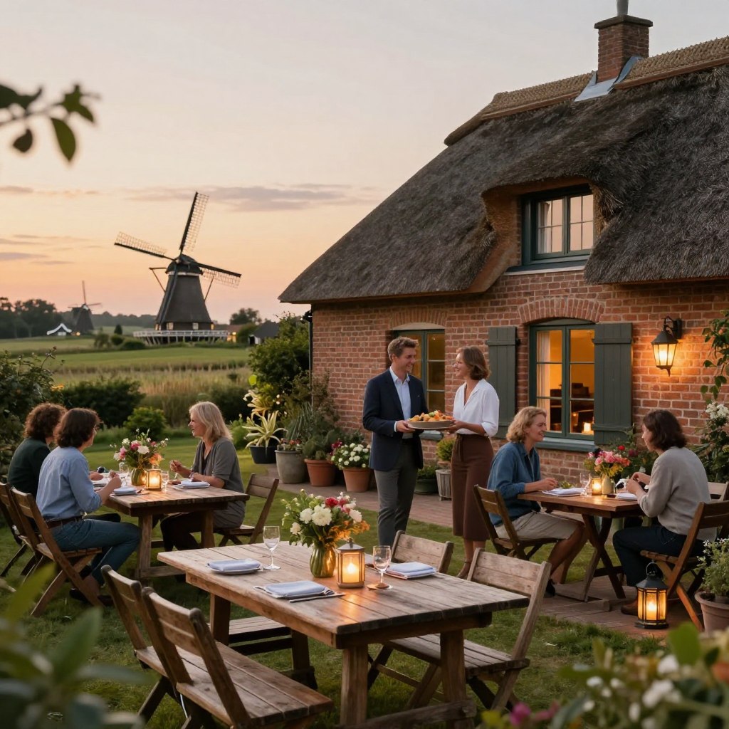 A cozy and inviting accommodation scene in Northern France, featuring a traditional brick house with a thatched roof surrounded by lush greenery. In the foreground, a beautifully set outdoor dining area with rustic wooden tables, adorned with fresh flowers and softly glowing lanterns, suggests warmth and hospitality. In the middle ground, friendly hosts in smart casual attire welcome guests with warm smiles, offering local delicacies. The background reveals a picturesque view of rolling hills and the iconic windmills of the Nord region under a sunset sky, bathed in golden hues. The atmosphere is tranquil and welcoming, evoking a sense of comfort and community, captured from a slightly elevated angle for a comprehensive view. Soft, warm lighting enhances the inviting mood of the scene.