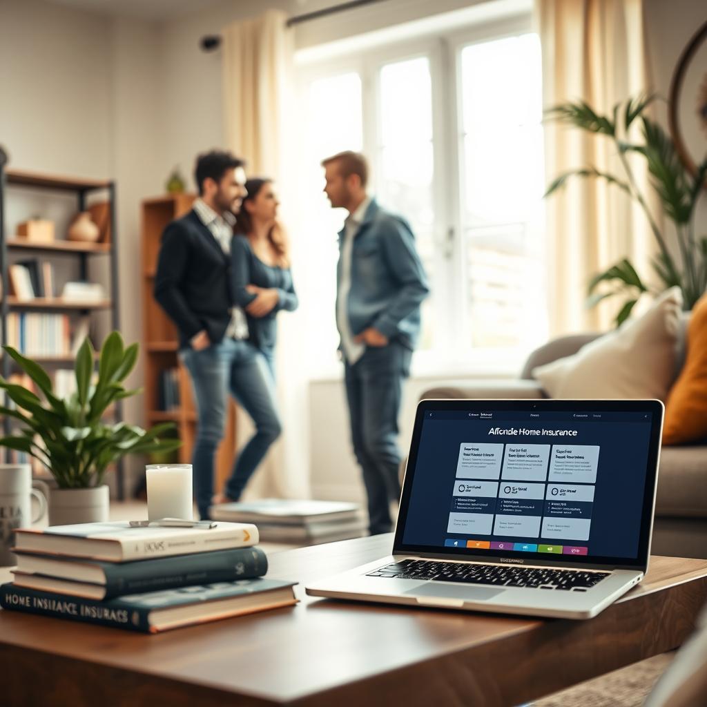 A cozy and inviting living room scene showcasing an affordable home insurance theme. In the foreground, a family is gathered, dressed in smart casual attire, discussing their home insurance options with a laptop open on a coffee table, featuring a website comparison of different policies. In the middle ground, a stylish bookshelf filled with insurance-related books and a green plant adds a touch of warmth. The background includes a window with soft natural light streaming in, creating a bright and welcoming atmosphere. The room is decorated in neutral tones with pops of color from cushions, reflecting a sense of security and comfort. The image should have a soft focus with a slight depth of field, emphasizing the family in the foreground while keeping the background subtly blurred.