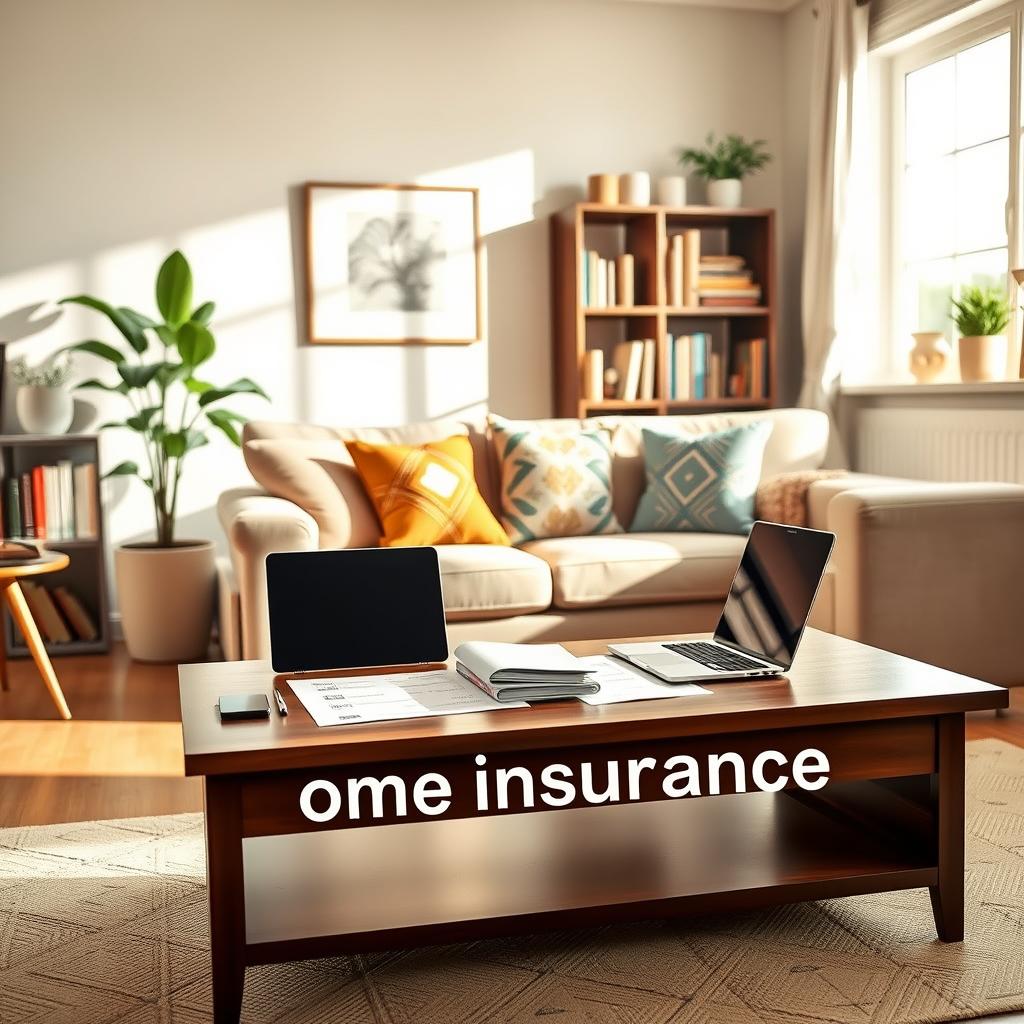 A cozy living room scene emphasizing "home insurance guarantees," featuring a well-decorated space with warm colors. In the foreground, a stylish coffee table displays documents and a laptop, symbolizing insurance plans. The middle ground includes a comfortable sofa with decorative cushions, a bookshelf filled with home-related books, and a potted plant for a touch of nature. In the background, a window reveals a bright day outside, creating a sense of security and warmth. Soft, natural light pours in, casting gentle shadows that enhance the inviting atmosphere. The overall mood is reassuring and optimistic, suggesting protection and comfort for homeowners.