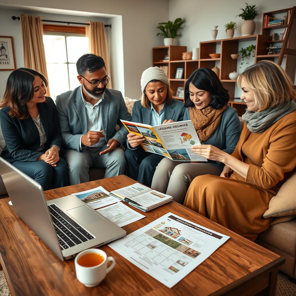 A cozy living room setting with warm lighting, showcasing a family gathered around a coffee table discussing insurance documents. In the foreground, a diverse group of adults in professional attire are engaged in a serious yet friendly conversation, examining a colorful brochure about affordable home insurance. The middle layer features elements like a sleek laptop opened to a financial website, scattered papers with a home layout, and a cup of tea. In the background, a well-decorated living space with family photos, potted plants, and a bookshelf creates a welcoming atmosphere. Soft natural light filters through a window, enhancing the overall mood of security and support, embodying the essence of home protection.