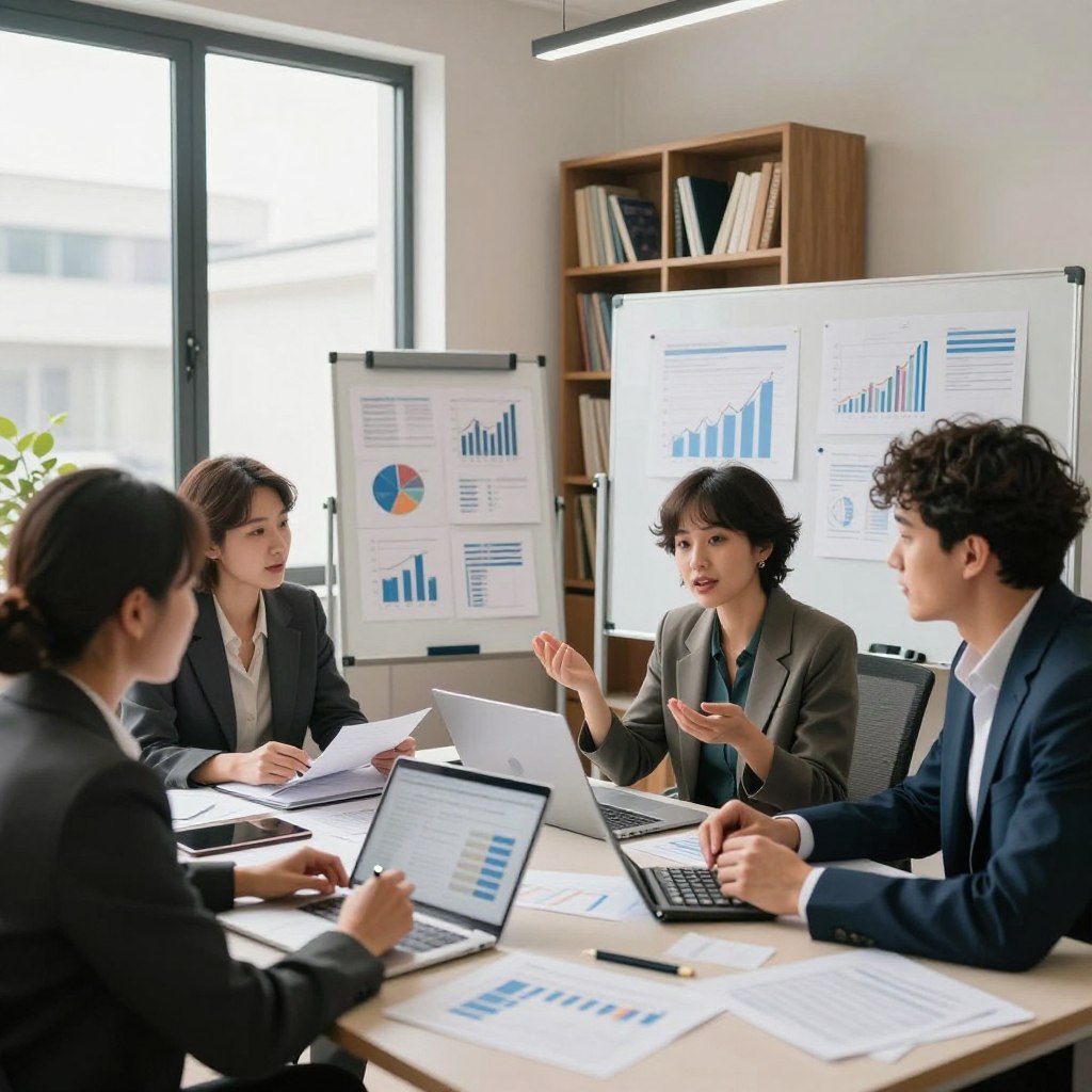 A cozy, modern office environment filled with natural light streaming through large windows. In the foreground, a diverse group of three individuals—two women and one man—are engaged in a lively discussion around a table cluttered with financial documents, laptops, and calculators. All are dressed in smart, professional attire. The middle ground features a whiteboard with charts and graphs highlighting financial concepts, while a bookshelf filled with finance books serves as the backdrop. The overall atmosphere is collaborative and inspiring, emphasizing the importance of financial education. Soft ambient lighting enhances the creative mood, and the camera angle is slightly elevated to capture both the participants and the visual aids in the space, creating a sense of engagement and focus.