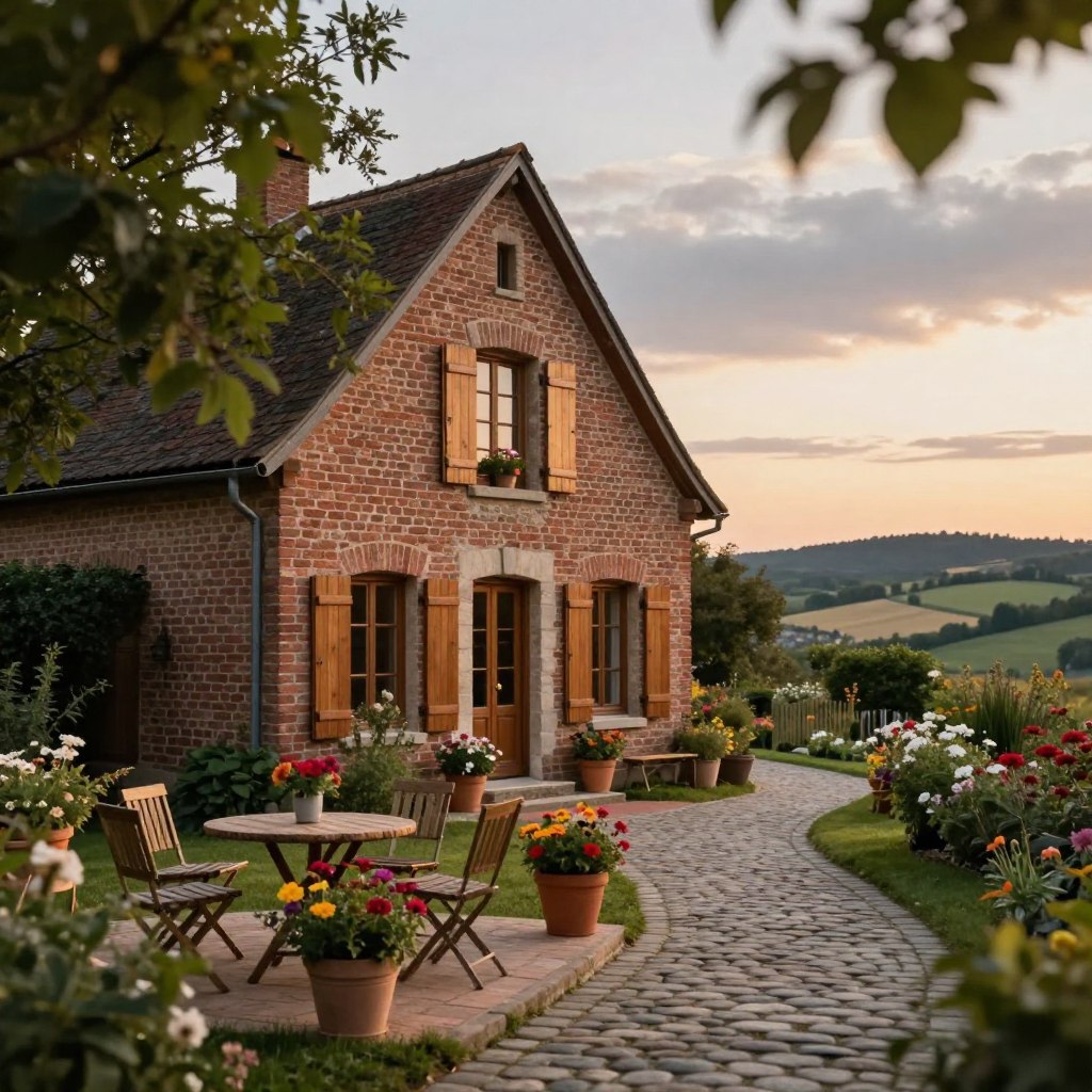 A cozy northern French accommodation setting, featuring a charming brick-faced house with wooden shutters nestled among green trees. In the foreground, a small outdoor terrace adorned with rustic furniture invites relaxation, while potted flowers add vibrant color. In the middle ground, a winding cobblestone path leads to the front entrance, flanked by blooming gardens. The background showcases the picturesque landscapes of northern France, with rolling hills and a soft horizon under a cloudy, early evening sky. The warm golden glow of sunset casts gentle light over the scene, creating a welcoming atmosphere. Capture this moment with a slight tilt-shift lens effect, emphasizing the depth and inviting nature of this serene retreat.