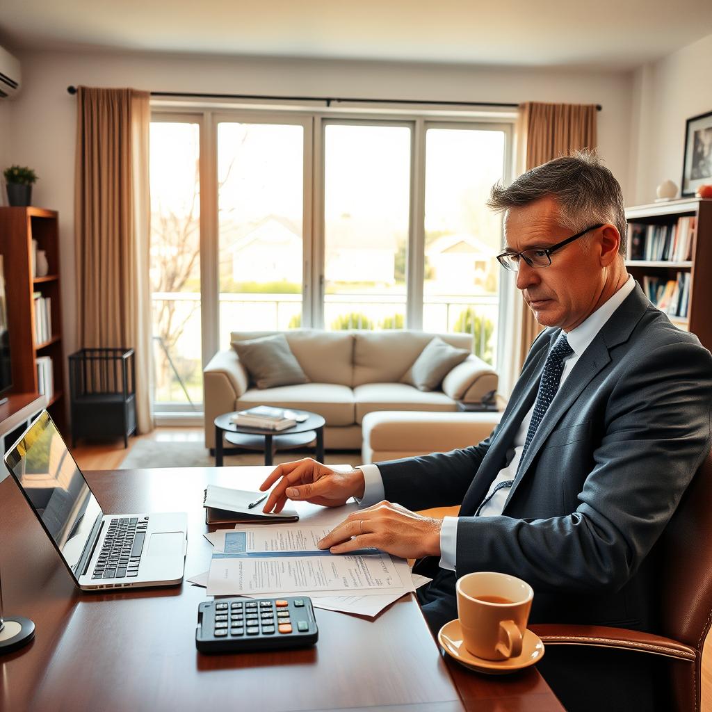 A cozy, well-furnished living room that symbolizes home security, with a focus on a large window offering a view of a serene neighborhood. In the foreground, a professional-looking person in business attire sits at a stylish desk, reviewing insurance documents while looking concerned yet thoughtful. On the desk, there's a calculator, a laptop displaying insurance data, and a cup of coffee. The middle ground shows a plush sofa and a bookshelf filled with insurance and financial guides. In the background, soft natural light filters through the window, creating a warm and inviting atmosphere, emphasizing the importance of financial planning for home safety. The image should evoke a sense of reassurance and responsibility regarding home insurance. A cozy, well-furnished living room that symbolizes home security, with a focus on a large window offering a view of a serene neighborhood. In the foreground, a professional-looking person in business attire sits at a stylish desk, reviewing insurance documents while looking concerned yet thoughtful. On the desk, there's a calculator, a laptop displaying insurance data, and a cup of coffee. The middle ground shows a plush sofa and a bookshelf filled with insurance and financial guides. In the background, soft natural light filters through the window, creating a warm and inviting atmosphere, emphasizing the importance of financial planning for home safety. The image should evoke a sense of reassurance and responsibility regarding home insurance.
