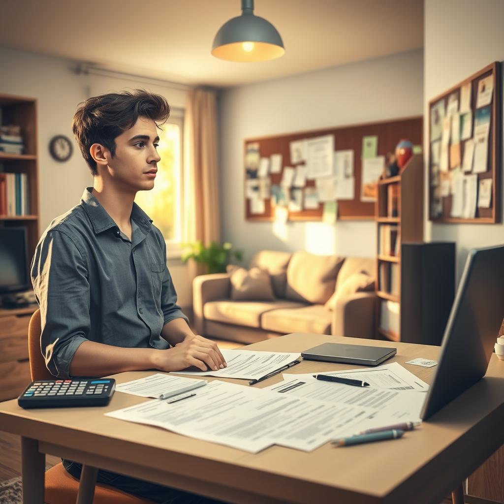 A detailed and realistic scene depicting a student apartment interior focused on the theme of student housing insurance costs. In the foreground, a young adult in smart casual attire, looking thoughtful, sits at a small desk covered with financial documents, a calculator, and a laptop. In the middle ground, a cozy living area with a comfortable couch, bookshelf filled with study materials, and a window letting in warm afternoon light. In the background, a bulletin board filled with insurance pamphlets and budget plans. The image should have a warm and inviting atmosphere, with soft, natural lighting that emphasizes the importance of financial planning in a student's life. Shot from an angle that captures both the desk and the living space, creating a sense of focus on the topic.