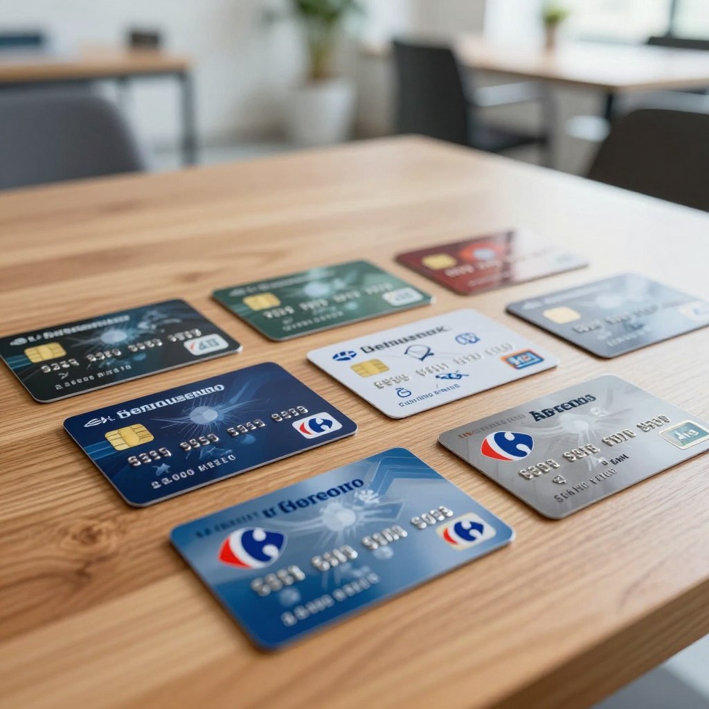 A detailed comparison image featuring various credit cards laid out on a sleek wooden table. In the foreground, prominently display a Carrefour credit card with its distinctive logo, resting alongside other popular credit cards from different banks. In the middle ground, include subtle infographics or icons representing key features like interest rates, rewards, and fees, but ensure they do not contain any text. The background should softly blur a modern, well-lit office space, conveying a professional atmosphere. Use warm lighting to create an inviting mood, with a slight top-down angle that showcases the cards attractively. Emphasize clarity and professionalism, ensuring all elements are neatly arranged and visually engaging.