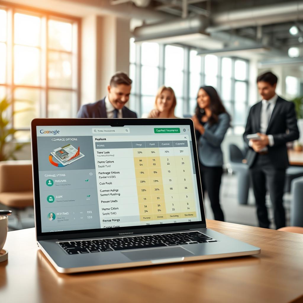 A detailed comparison interface representing a home insurance comparator tool on a computer screen. In the foreground, showcase a sleek laptop displaying various charts and criteria, such as coverage options, premiums, and customer ratings. In the middle, a diverse group of professionals dressed in business attire discuss the information, pointing at the screen with expressions of curiosity and focus. In the background, a well-organized office environment with modern furniture and a bright, natural sunlight filtering through large windows creates a productive atmosphere. The overall mood should convey a sense of professionalism and diligence in seeking the best home insurance options. Use soft, warm lighting to enhance the inviting nature of the setting, shot from a slight angle to emphasize the interaction among the individuals.