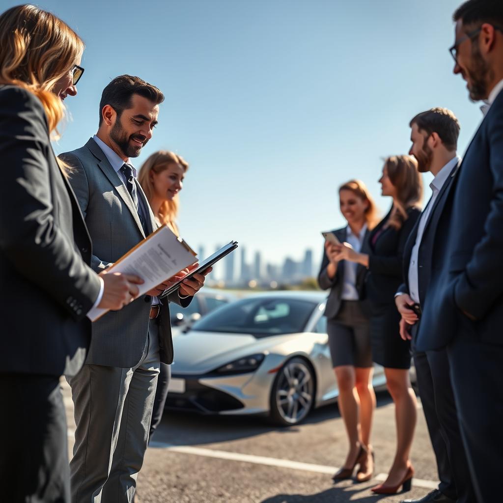 A detailed composition focusing on the theme of "assurance responsabilité civile automobile." In the foreground, depict a diverse group of professionals in business attire, engaged in a discussion over a car insurance policy, with one individual pointing to a document on a clipboard, and another holding a smartphone displaying an insurance app. In the middle ground, show a modern, sleek car parked under a clear blue sky, symbolizing safety and protection. In the background, the skyline of a city can be faintly visible, conveying a sense of urban life. Utilize bright, natural lighting to create an optimistic and professional atmosphere. The scene should have a slight depth of field to highlight the foreground interaction while gently blurring the background.