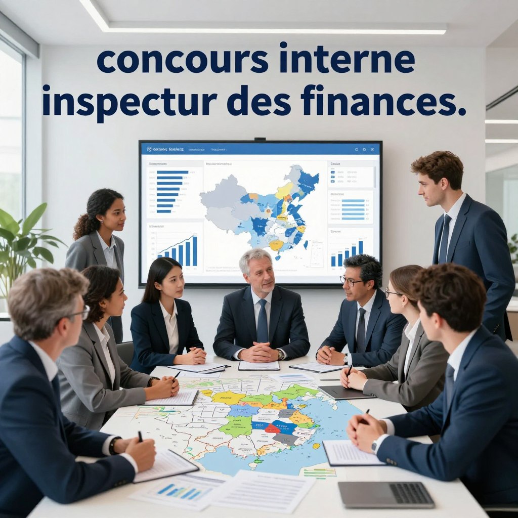 A detailed illustration capturing the essence of the "concours interne inspecteur des finances." In the foreground, a diverse group of professional individuals in business attire, engaged in discussion around a large table covered with financial documents and maps, representing the geographic distribution of finance inspector positions. The middle ground features charts and graphs on a digital screen displaying statistics of job locations across regions. The background showcases a modern office environment with large windows, allowing natural light to illuminate the scene, creating a hopeful and ambitious atmosphere. The composition is shot at a slight angle to convey depth, emphasizing collaboration and professionalism in a financial context.