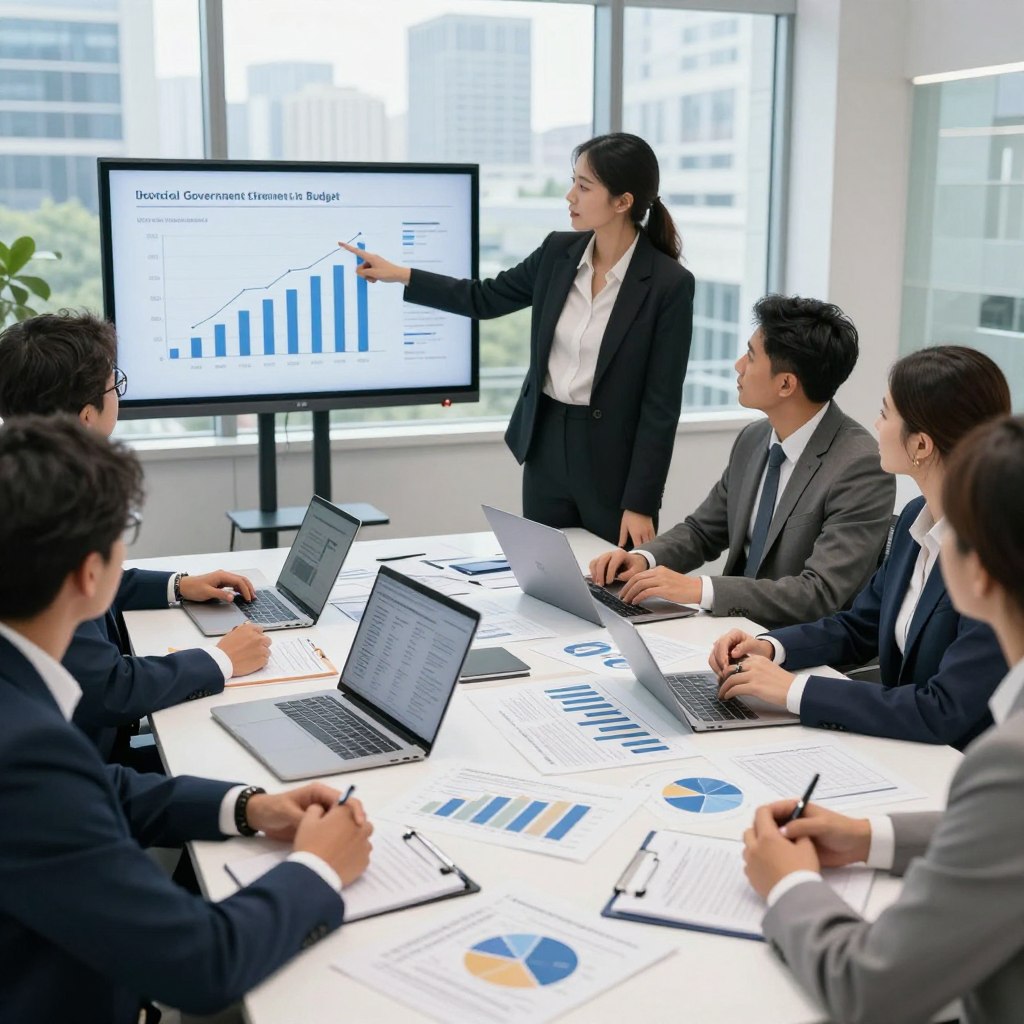 A detailed illustration of a governmental budget meeting, featuring a diverse group of professionals in business attire engaged in a discussion around a large table filled with charts, graphs, and financial reports. In the foreground, a confident female leader points at a graph on a digital display screen that shows local government funding trends, while colleagues attentively listen. The middle ground features open laptops and paperwork scattered across the table, emphasizing collaboration and analysis. The background includes a large window with a view of a cityscape, highlighting a modern government building. The lighting is bright and natural, creating an optimistic atmosphere, and the angle captures the energy of the meeting, conveying the seriousness of budget implications for local communities.