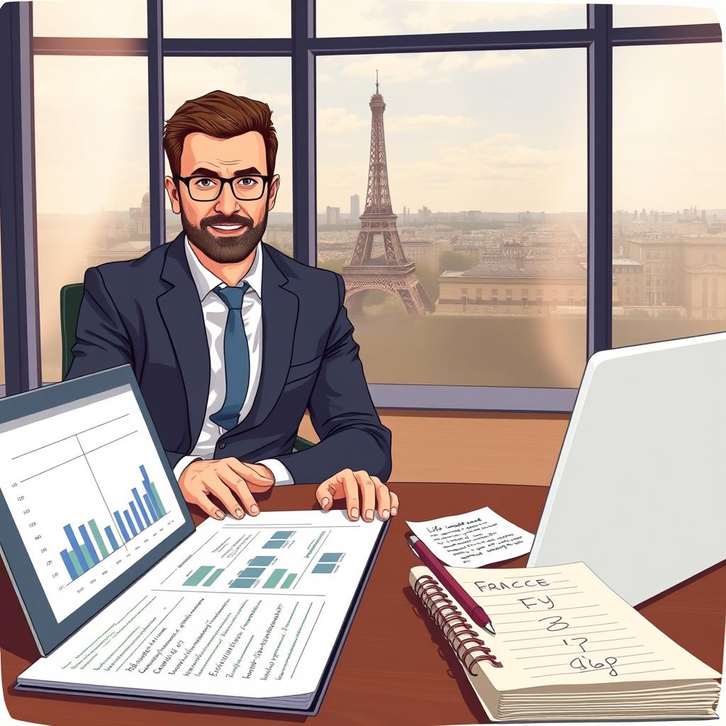 A detailed illustration representing the concept of "insurance life taxation" in France. In the foreground, a confident business professional wearing formal attire, seated at a modern office desk, analyzing financial documents and charts. The middle layer features an open laptop displaying graphs related to life insurance financial performance, alongside a notepad with handwritten notes on taxation strategies. In the background, large windows show a skyline of Paris, creating a sophisticated atmosphere with warm, natural lighting filtering in. The overall mood should convey professionalism, clarity, and a sense of financial acumen, ideal for discussing life insurance tax management in a succession context. Aim for a balanced composition with a focus on the main subject and relevant elements that highlight the theme of fiscality. A detailed illustration representing the concept of "insurance life taxation" in France. In the foreground, a confident business professional wearing formal attire, seated at a modern office desk, analyzing financial documents and charts. The middle layer features an open laptop displaying graphs related to life insurance financial performance, alongside a notepad with handwritten notes on taxation strategies. In the background, large windows show a skyline of Paris, creating a sophisticated atmosphere with warm, natural lighting filtering in. The overall mood should convey professionalism, clarity, and a sense of financial acumen, ideal for discussing life insurance tax management in a succession context. Aim for a balanced composition with a focus on the main subject and relevant elements that highlight the theme of fiscality.