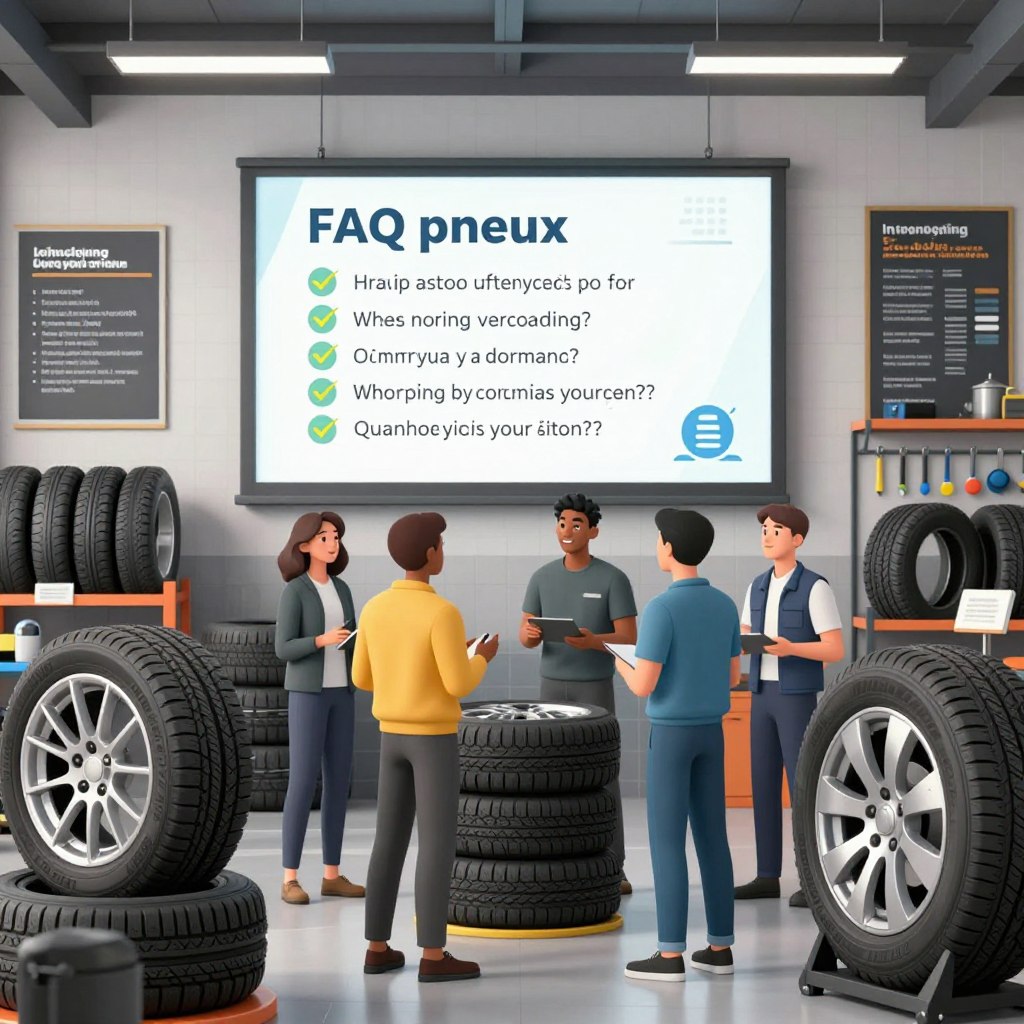 A detailed illustration showcasing a vibrant tire workshop scene focused on a "FAQ pneus" theme. In the foreground, a diverse group of professionals in smart casual attire engages in discussions about tire maintenance and specifications, surrounded by various tire models displayed prominently. In the middle ground, a large digital screen presents commonly asked questions about tires, with visual accents like checkmarks and informative icons. The background captures a well-organized workshop environment filled with tire tools, posters of tire types, and an industrial aesthetic. The lighting is bright and inviting, emphasizing the clarity of the information presented, while maintaining a friendly and approachable atmosphere, ideal for educating consumers.