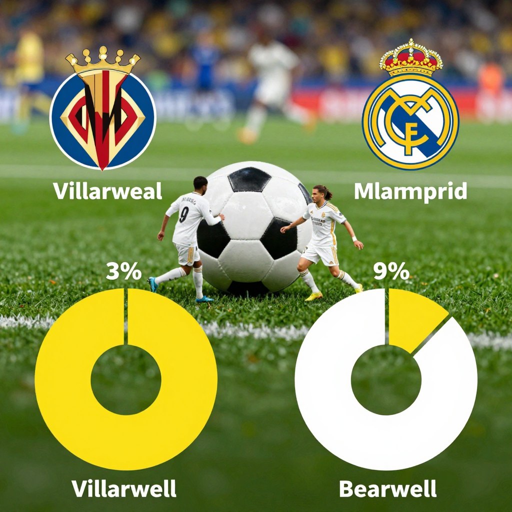 A detailed infographic illustrating the ball possession statistics from the Villarreal vs Real Madrid match. The foreground features split pie charts showing each team's possession percentage, with Villarreal in yellow and Real Madrid in white. In the middle ground, include stylized icons of a soccer ball and players in action, representing each team's playing style. The background could be a blurred soccer field, creating a vibrant yet cohesive sports atmosphere. Use soft lighting to enhance clarity and focus on the statistics, with a slight depth of field effect to draw attention to the charts and icons. The overall mood should be dynamic and competitive, capturing the essence of a top-tier football match without any text or overlay elements. A detailed infographic illustrating the ball possession statistics from the Villarreal vs Real Madrid match. The foreground features split pie charts showing each team's possession percentage, with Villarreal in yellow and Real Madrid in white. In the middle ground, include stylized icons of a soccer ball and players in action, representing each team's playing style. The background could be a blurred soccer field, creating a vibrant yet cohesive sports atmosphere. Use soft lighting to enhance clarity and focus on the statistics, with a slight depth of field effect to draw attention to the charts and icons. The overall mood should be dynamic and competitive, capturing the essence of a top-tier football match without any text or overlay elements.