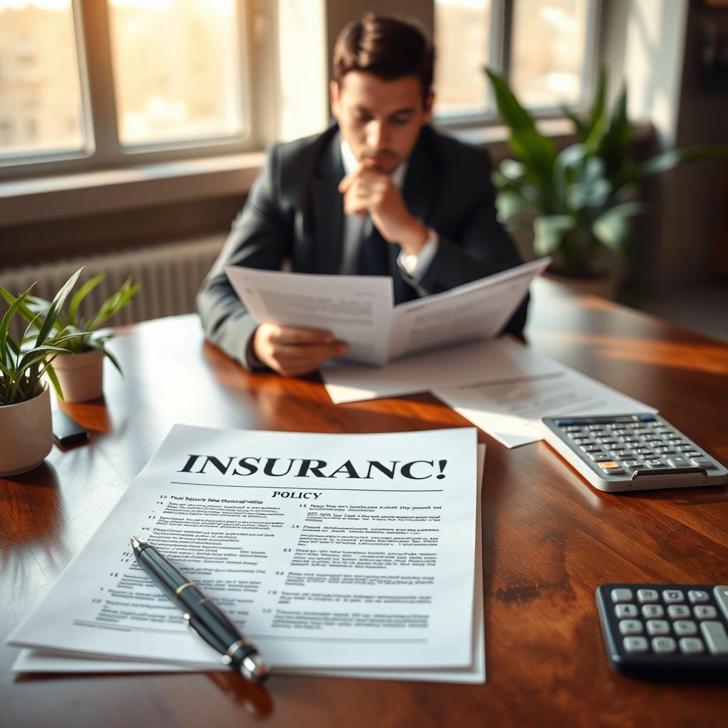 A detailed insurance policy cover, prominently displayed in the foreground, resting on a polished wooden desk alongside a stylish pen and a calculator. In the middle ground, a thoughtful professional in business attire, reviewing the policy, their expression reflecting concentration and determination. The background features a modern office setting with soft, natural lighting filtering through large windows, casting gentle shadows that create a warm, inviting atmosphere. Add a hint of green plants for a touch of life and professionalism. The scene captures a moment of decision-making, emphasizing clarity, trust, and responsibility in choosing the right insurance. Use a standard lens with a shallow depth of field to focus on the policy and the professional, blurring the background slightly for effect.