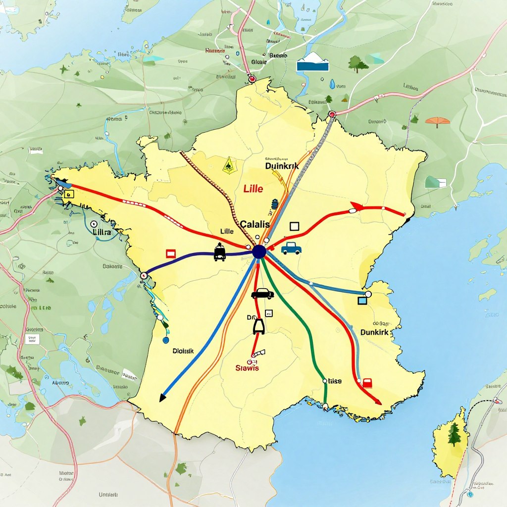 A detailed map of transportation routes in Northern France, featuring railways, highways, and scenic roads. In the foreground, emphasize distinct transport symbols like train icons, car routes, and directional arrows. The middle section should showcase major cities and towns like Lille, Calais, and Dunkirk, depicted in a vibrant color palette. The background should fade into a stylized representation of the Northern French landscape, complete with rolling hills and rivers. Utilize soft, natural lighting to create a welcoming atmosphere, while maintaining clarity in the map's details. Capture the essence of accessibility and connectivity in the region, ensuring all elements blend seamlessly for an informative and visually engaging layout. The image should be professional, without any text or overlays.