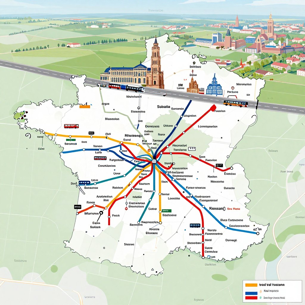 A detailed map showcasing the public transportation network in the Nord region of France. In the foreground, focus on vibrant colored transportation lines indicating trains, buses, and trams against a subtle backdrop. In the middle ground, illustrate iconic landmarks such as the Lille train station and regional bus stops integrated within the map design. The background should feature rolling green fields and urban landscapes that represent the diverse geography of the region. Use natural daylight lighting to produce a clear and engaging visual, emphasizing the connectivity between different transport modes. The overall mood should be informative and inviting, highlighting the rich transportation options available in the Nord region without any text or captions. A detailed map showcasing the public transportation network in the Nord region of France. In the foreground, focus on vibrant colored transportation lines indicating trains, buses, and trams against a subtle backdrop. In the middle ground, illustrate iconic landmarks such as the Lille train station and regional bus stops integrated within the map design. The background should feature rolling green fields and urban landscapes that represent the diverse geography of the region. Use natural daylight lighting to produce a clear and engaging visual, emphasizing the connectivity between different transport modes. The overall mood should be informative and inviting, highlighting the rich transportation options available in the Nord region without any text or captions.