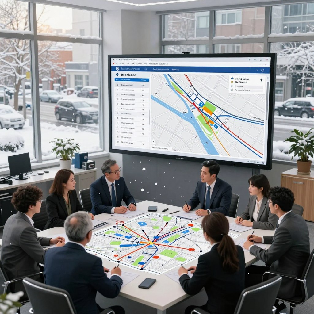 A detailed municipal snow removal plan illustration. In the foreground, a well-organized municipal office scene with a large desk covered with maps and diagrams of snow routes, accompanied by a diverse team of professionals in business attire, discussing strategies. The middle ground features a digital screen displaying snow removal schedules and a map overlay showing key areas of focus, punctuated with snowflakes falling gently around. In the background, large windows reveal a snowy urban landscape with snow-covered streets and parked vehicles. The overall mood is one of collaboration and strategic planning, enhanced by soft, natural daylight filtering through the windows, casting a warm glow on the scene. Make the perspective slightly elevated for a comprehensive view of the workspace and the snowy cityscape beyond.