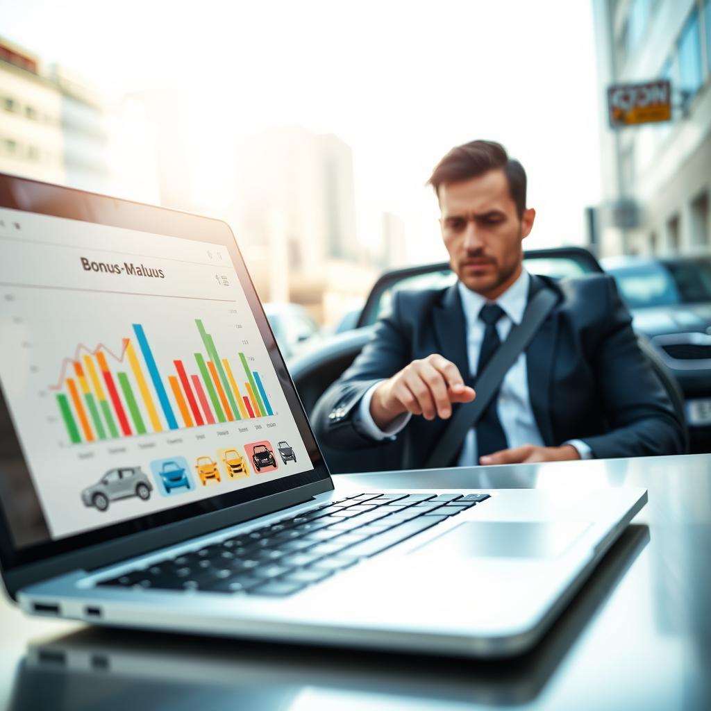 A detailed scene depicting a car insurance comparison website interface showcasing the "bonus-malus" system. In the foreground, a sleek, modern laptop displays colorful graphs and figures illustrating insurance bonuses and penalties, with icons representing different car models. The middle ground features a concerned driver, dressed in professional business attire, examining the screen with a thoughtful expression. In the background, a soft-focus cityscape hints at urban life, with cars parked and moving along the streets. The lighting is bright and clear, evoking a sense of clarity, while the overall atmosphere conveys a mix of concern and enlightenment about financial implications, framed from a slightly elevated angle for an engaging perspective.