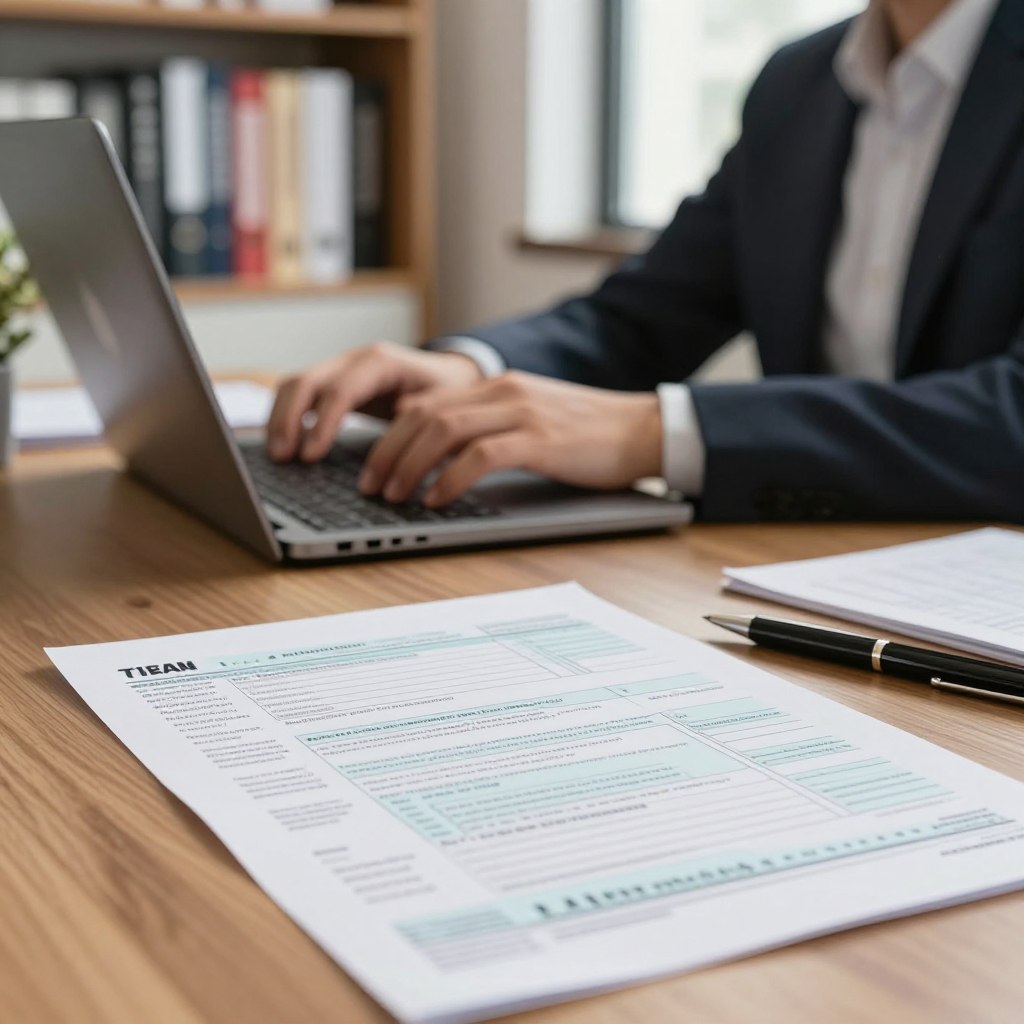 A detailed scene depicting a cluttered office desk with a focus on a neatly arranged paper tax declaration form. In the foreground, the form is displayed prominently, featuring organized sections and a neat layout, perhaps with a pen or a calculator beside it. In the middle ground, a professional individual dressed in smart business attire is working intently on a laptop, appearing focused on inputting data. The background shows a soft-focus view of a bookshelf filled with tax-related books and documents. The room is well-lit with warm, natural light streaming through a window, creating an inviting atmosphere. The mood conveys a sense of diligence and seriousness, capturing the essence of preparing tax declarations on paper.