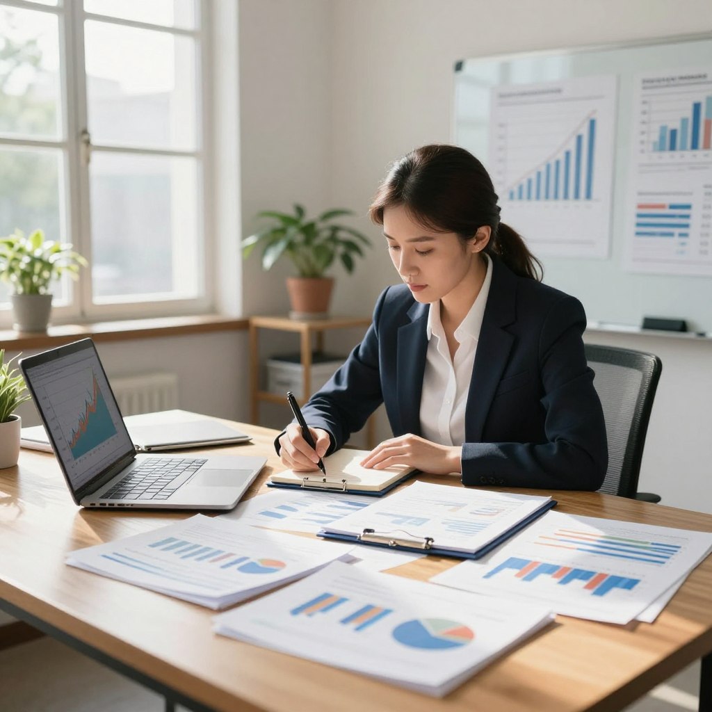 A detailed scene depicting a financial analysis workspace. In the foreground, a large wooden desk cluttered with financial reports, charts, and a laptop displaying a colorful graph trending upwards. In the middle, a professional woman in a business suit analyzing data with a focused expression, jotting notes on a notepad. Behind her, a large window with natural light streaming in, illuminating the room and casting soft shadows. There are potted plants on a shelf, and a whiteboard filled with key financial metrics. The atmosphere is serious yet hopeful, reflecting a sense of diligence and ambition in finance. The image should be bright and well-lit, with a shallow depth of field to emphasize the subject.