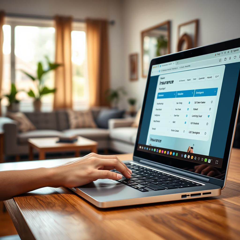 A detailed scene depicting an online insurance quote process for home insurance. In the foreground, a laptop on a modern wooden desk, displaying a clear and user-friendly website interface with various insurance options. A hand is poised over the keyboard, typing, symbolizing interaction with the digital tool. In the middle ground, a cozy living room setting is visible with a comfortable sofa and houseplants, inferring a sense of home and security. The background includes a bright window letting in natural light, creating a warm and inviting atmosphere. The overall mood is professional yet approachable, emphasizing the ease of obtaining a home insurance quote online. The perspective is slightly elevated, allowing the viewer to see both the desk and the living space. Bright, soft lighting enhances the welcoming feel of the image.