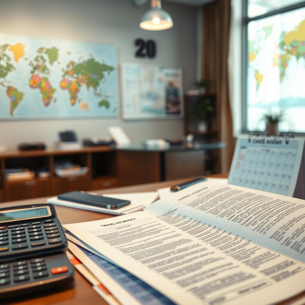 A detailed scene depicting the concept of travel insurance cancellation. In the foreground, a close-up of a professional-looking travel agent's desk cluttered with important documents, a calculator, and a smartphone displaying travel apps. In the middle ground, an open travel insurance policy booklet, showing detailed terms and conditions, while a calendar marks important travel dates. The background features a serene travel agency office with maps of various destinations on the walls, and a large window letting in soft, natural light. The mood is organized yet slightly chaotic, reflecting the common stresses of travel planning and potential cancellations. The overall atmosphere conveys professionalism and preparedness in managing travel risks.