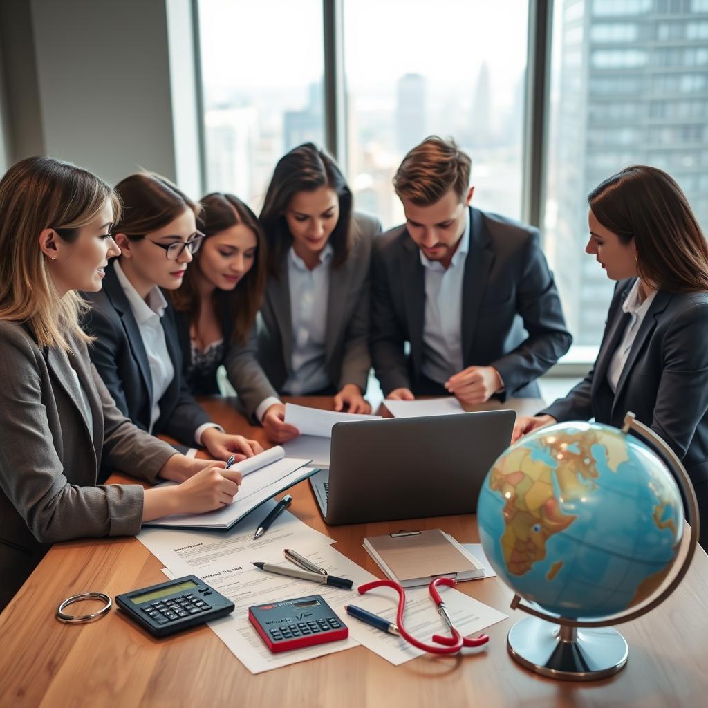 A detailed tableau representing the concept of expatriate health insurance costs. In the foreground, depict a diverse group of mid-30s professionals dressed in smart casual attire, engaged in a discussion over documents and a laptop on a modern table. The middle ground features a variety of health-related items, such as calculators, insurance papers, and a globe symbolizing global health coverage. The background showcases a bright office environment with large windows letting in natural light, and views of a lively cityscape. The overall atmosphere is one of focus and collaboration, reflecting both professionalism and the seriousness of understanding health insurance costs. Soft, diffused lighting enhances the mood, suggesting clarity and insight.