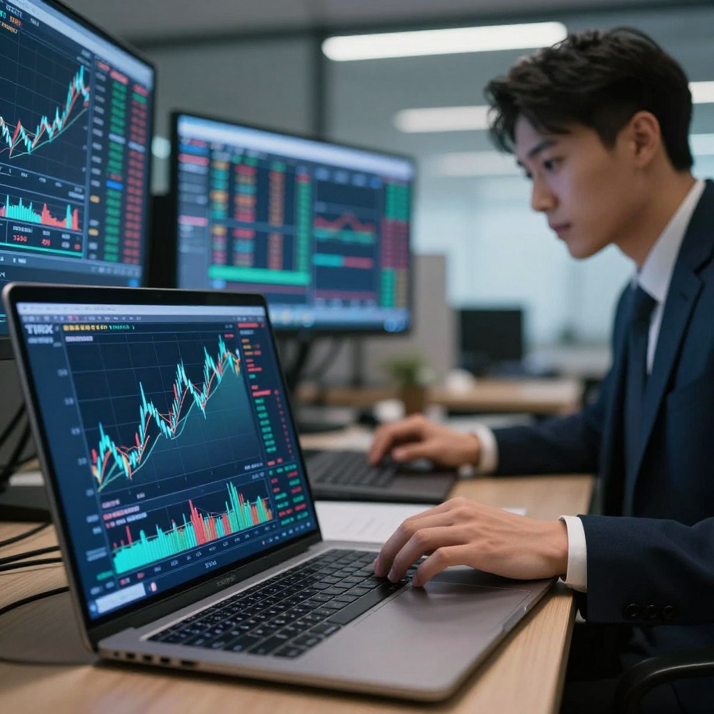 A detailed technical analysis of TIRX represented as a dynamic and modern stock market chart. In the foreground, include a sleek digital display featuring various trading indicators, candlestick patterns, and moving averages, all in vibrant blues and greens to signify upward trends. The middle ground should showcase a professional setting with a blurred view of a financial analyst in a smart business suit, attentively reviewing the chart data on a laptop. In the background, depict a high-tech office environment with multiple screens presenting stock market news and data streams. Soft, ambient lighting highlights the analytical atmosphere, creating a sense of focus and professionalism. The overall mood should be one of innovation and expertise in finance.