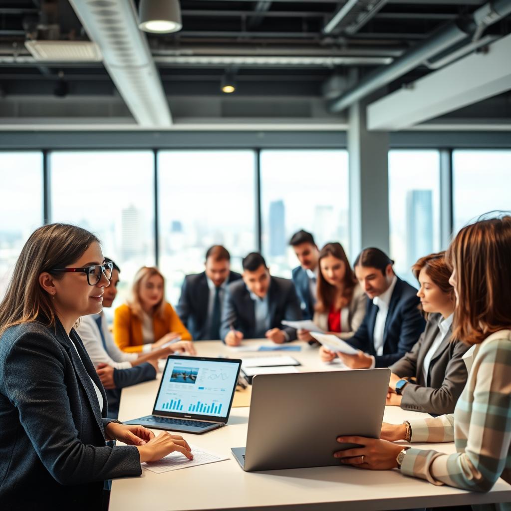 A diverse group of people gathered around a table in a bright, modern office setting, engaged in a discussion about travel insurance for groups. In the foreground, a confident female travel advisor with glasses explains policy details, pointing at a laptop screen displaying graphs and travel destinations. The middle ground consists of attentive participants, including men and women of various ethnicities dressed in professional business attire, taking notes and looking at brochures. In the background, large windows let in natural light, revealing a vibrant cityscape. The atmosphere is collaborative and focused, with an emphasis on planning and secure travel experiences, captured in a soft focus to create an inviting mood.