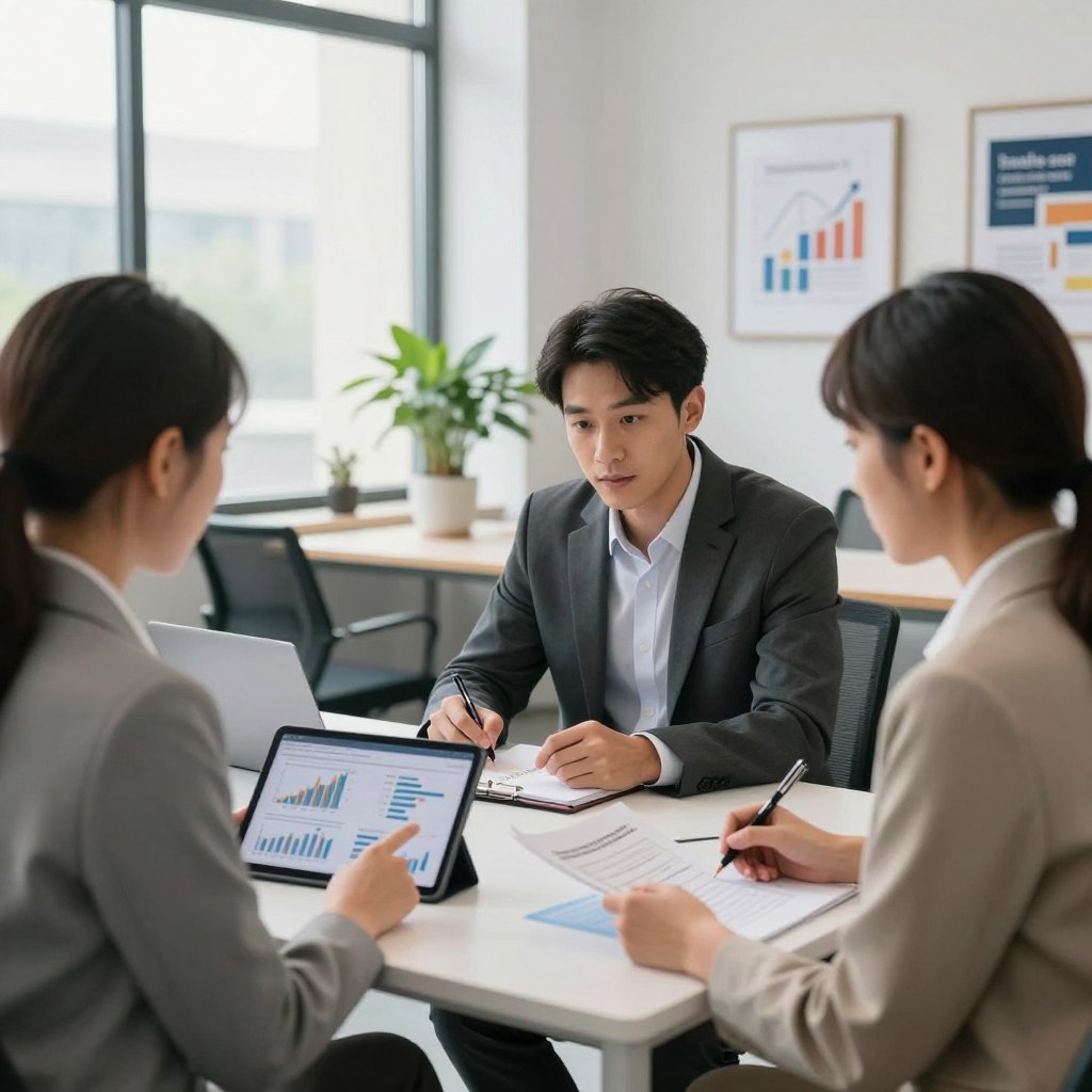 A diverse group of professionals in a modern office setting, engaging in a collaborative discussion about financial education. On the foreground, a woman in smart business attire is pointing at a digital tablet displaying financial graphs and charts. In the middle, a man in a suit takes notes on a notepad, looking intently at the screen, while another colleague reviews documents. In the background, large windows allow soft, natural light to filter in, illuminating a clean, minimalist workspace adorned with potted plants and motivational finance-related artwork on the walls. The atmosphere is focused and energetic, conveying the importance of financial literacy and teamwork in achieving financial goals. The image should be captured with a slight depth of field, drawing attention to the engaged individuals while softly blurring the background.