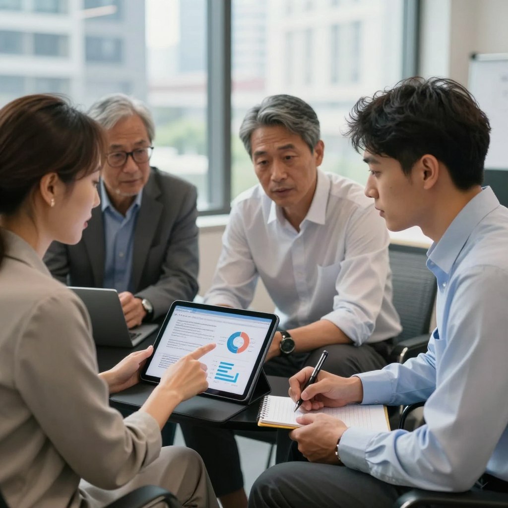 A diverse group of professionals in an office setting, discussing the impact of media ethics and social responsibility. In the foreground, a middle-aged woman in business attire passionately points at a digital tablet displaying statistics about media influence. To the right, a young man in a smart casual shirt takes notes, while a senior man wearing glasses leans forward, engaging in thoughtful conversation. In the background, a large window lets in natural light, revealing a bustling cityscape that symbolizes modern media. Soft, warm lighting creates an inviting atmosphere, emphasizing collaboration and commitment to responsible media practices. Focused perspective, shot at eye level, captures the essence of accountability within journalism.
