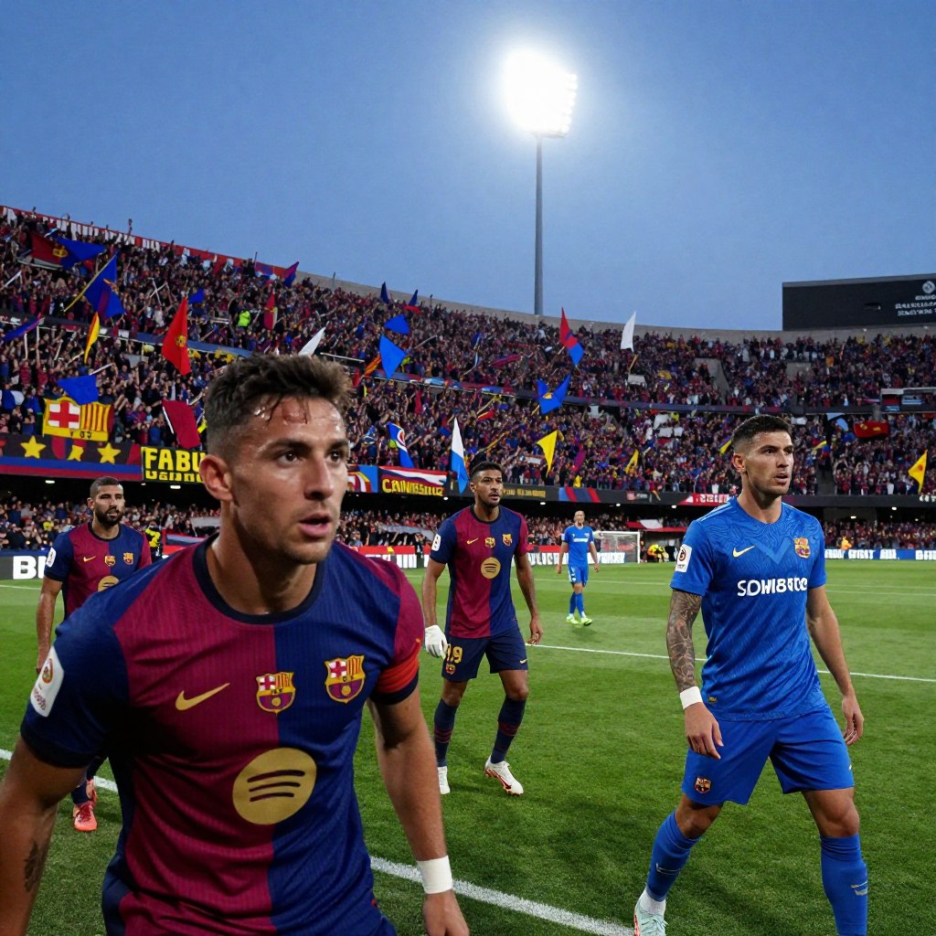 A dramatic football match scene depicting the fierce rivalry between FC Barcelona and Real Oviedo. In the foreground, close-up shots of key players from both teams, one wearing Barcelona's iconic red and blue striped jersey and the other in Real Oviedo’s blue kit, showcasing their focused expressions. The middle ground features a dynamic stadium filled with cheering fans, waving banners, and colorful flags, reflecting the electric atmosphere of a critical match. In the background, a clear blue sky is contrasted by the stadium's floodlights, illuminating the field. The composition captures a sense of urgency and excitement, with dynamic lighting highlighting the players' intensity and determination as they navigate injuries and suspensions that could impact the match outcome.