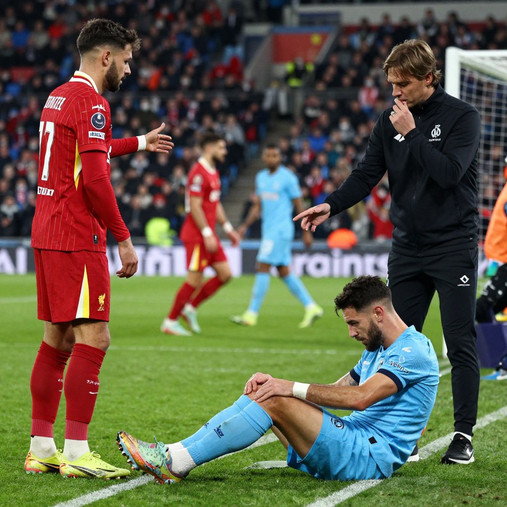 A dramatic football scene capturing the impact of injuries on a matchday. In the foreground, an athlete in a Marseille jersey sits on the grass, visibly frustrated and holding his knee, representing the emotional toll of injury. Nearby, a teammate in a Liverpool jersey gestures towards the bench, where a coach observes thoughtfully, evoking concern and strategy. The middle ground features a dynamic football pitch, with blurred players in action, illustrating the intensity of competition. The background includes a captivated crowd under stadium lights, creating a vibrant yet tense atmosphere. The lighting is bright and focused on the players, enhancing the urgency of the moment. The angle is slightly low to emphasize the athletes' expressions and the dramatic environment, emphasizing the seriousness of injuries in professional football.