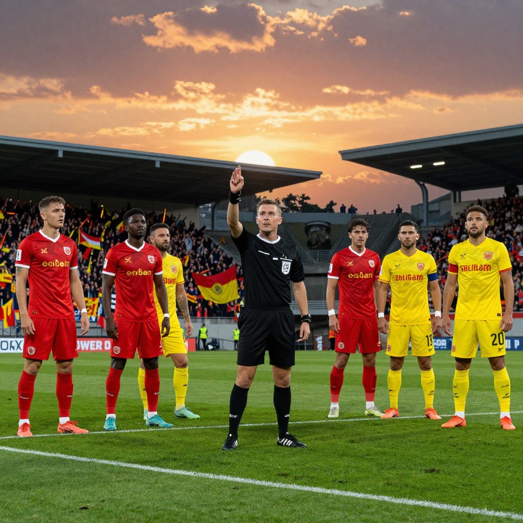 A dramatic football scene on a vibrant green pitch during an intense match between two teams in red and yellow uniforms. In the foreground, a referee in a black uniform makes a decisive hand signal, showcasing authority and precision, while players from both teams exhibit expressions of tension and focus. The middle ground features an audience of passionate fans in a stadium, waving banners and flags, contributing to a charged atmosphere. In the background, a colorful sunset casts warm golden light over the field, enhancing the emotions of the moment. The shot is taken from a low angle, emphasizing the intensity of the players and the importance of the referee's role, creating a mood of anticipation and excitement in this crucial match.