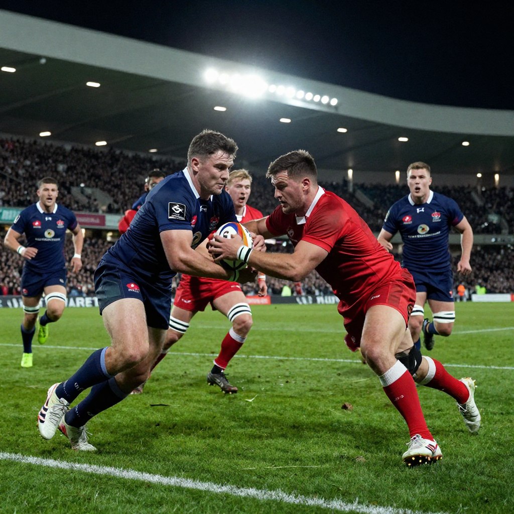 A dramatic rugby scene showcasing an intense rivalry in the Top 14, featuring two teams clashing on a vibrant green pitch. In the foreground, two players, one in a deep blue kit and the other in a vivid red kit, are in mid-action, with focus on their determined expressions and athletic postures as they battle for possession of the ball. In the middle ground, teammates and a cheering crowd are visible, their faces a mix of excitement and tension. The background features a packed stadium under bright floodlights, creating a vibrant atmosphere filled with energy. The overall mood is electrifying, capturing the passion and intensity of top-level rugby. The angle is slightly low to emphasize the players' dynamic movements, reminiscent of a dramatic sports photography shot.