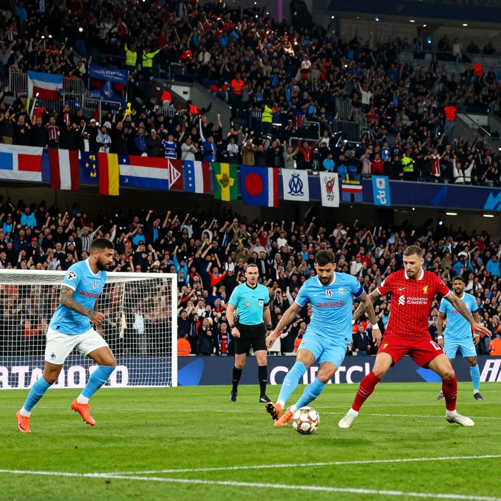 A dramatic scene capturing a UEFA Champions League match between Marseille and Liverpool, set in a vibrant stadium filled with passionate fans. In the foreground, players from both teams are intensely focused on the ball, showcasing their athleticism and skills. The middle ground features a referee watching closely, with goalposts and dynamic actions like a player attempting a dramatic shot. In the background, a sea of colorful banners and cheering supporters create an electric atmosphere under the stadium lights. The lighting is bright and intense, emphasizing the excitement of the first half. The angle is a low shot from the field level, making the players appear larger than life, while the focus is sharp on their determined expressions, exuding intensity and competition.