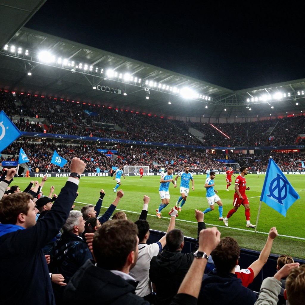 A dramatic scene from a Champions League match between Marseille and Liverpool, with a dynamic composition showcasing energized fans in the foreground, passionately cheering and waving flags. In the middle, depict players from both teams engaged in an intense moment of the game, dressed in their respective jerseys – Marseille in blue and white, Liverpool in red, demonstrating skillful teamwork. The background features a vibrant stadium atmosphere, illuminated by bright floodlights that create a striking contrast against the night sky. Capture the excitement of the crowd, with faces of diverse fans expressing joy and anticipation. The overall mood is electric, filled with the thrill of competition and camaraderie among supporters, emphasizing the significance of past encounters between these two storied clubs. Use a cinematic angle to heighten the drama, ensuring clarity and focus on the action.