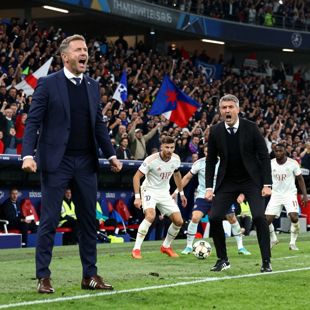 A dramatic scene from a football match set in a grand, packed stadium during the UEFA Champions League. In the foreground, two football coaches passionately reacting from the sidelines—one showcasing excitement and the other displaying frustration. The coaches are dressed in smart, professional attire. In the middle ground, players from both teams clash for the ball, demonstrating intense competition and athleticism. The background features a vibrant crowd, waving flags and cheering energetically under dynamic stadium lighting, highlighting the electrifying atmosphere of the match. The scene captures an emotional moment, focusing on the tension and excitement of high-stakes football, shot from a low angle to emphasize the action and drama.