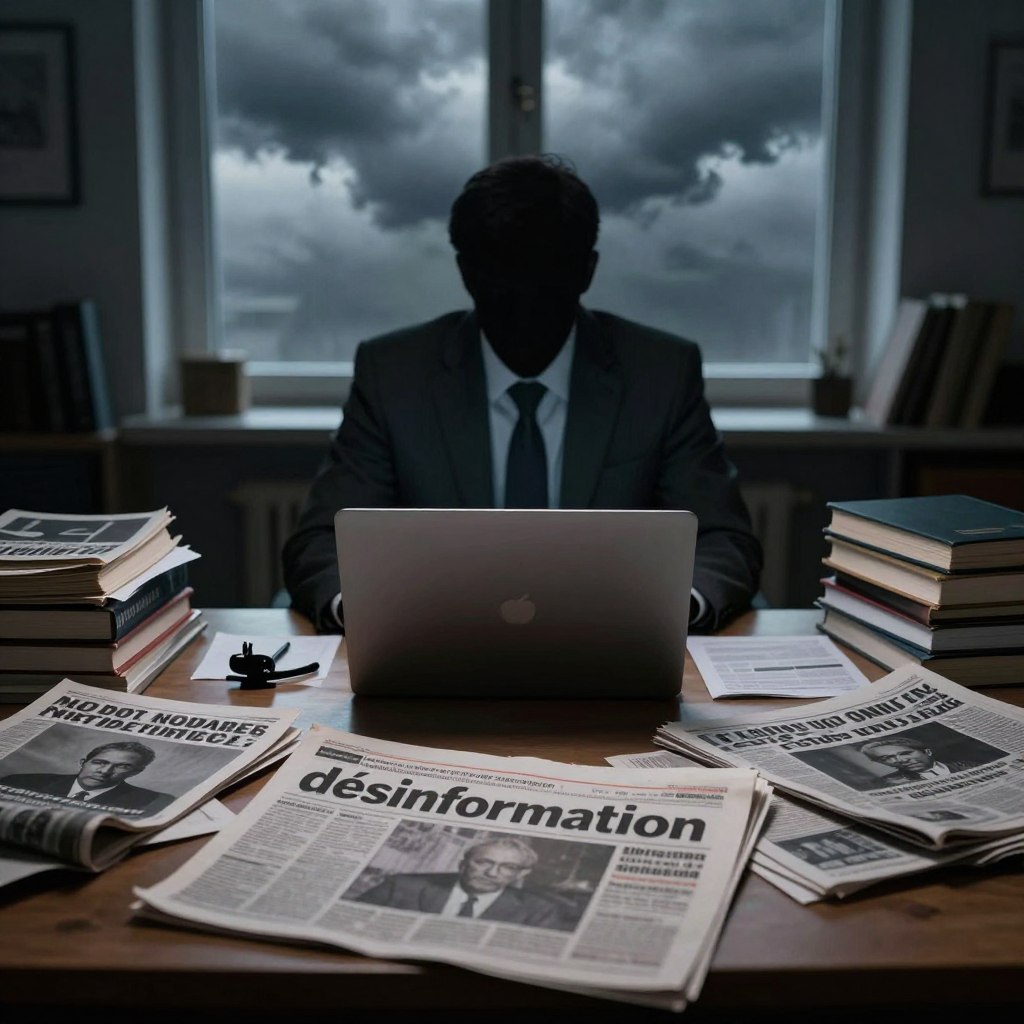 A dramatic scene illustrating the concept of "désinformation." In the foreground, a cluttered desk filled with crumpled papers and open newspapers, some displaying sensational headlines. A shadowy figure, dressed in professional business attire, leans over a laptop, their face obscured by dim lighting, suggesting secrecy and manipulation. The middle ground features stacks of books and photographs of famous journalists who have faced disinformation crises, adding context. In the background, a large window shows a stormy sky, symbolizing turmoil and uncertainty in media. Soft, eerie lighting casts deep shadows, creating a tense atmosphere, with a narrow depth of field focusing on the figure at the desk while blurring the chaos around them.