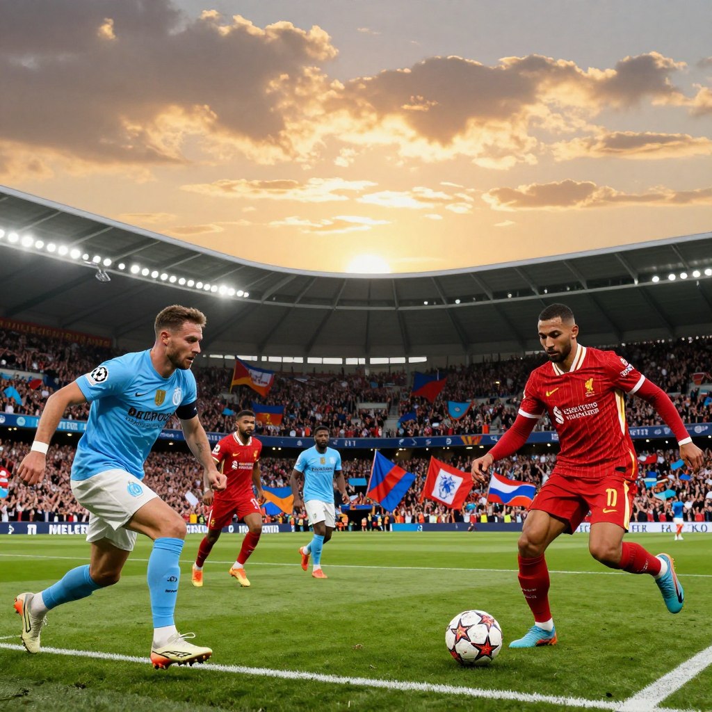 A dramatic scene showcasing the fierce rivalry between Marseille and Liverpool in a Champions League match. In the foreground, action-packed players from both teams are captured mid-play, wearing their respective jerseys, displaying intense expressions and athletic poses. The middle ground features a vibrant stadium filled with passionate fans waving flags and banners, creating a colorful and energetic atmosphere. In the background, a sunset sky casts a warm golden light over the scene, emphasizing the urgency and importance of this match. The composition is intended to evoke a sense of anticipation and excitement, with dynamic angles that highlight the players' movements. The overall mood is electric, encapsulating the high stakes and thrilling nature of this iconic clash.