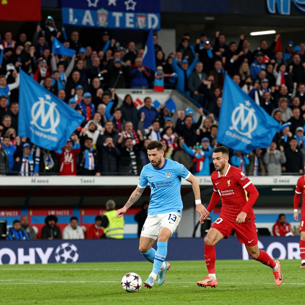 A dramatic soccer scene capturing the intense atmosphere of a Champions League match between Olympique de Marseille (OM) and Liverpool. In the foreground, a dynamic action shot of a Marseille player in their distinct blue and white kit, skillfully dribbling the ball past a Liverpool defender in their iconic red uniform. The players are focused and determined, showcasing their athleticism and strategy. In the middle ground, the bustling crowd in the stadium waves flags and banners, creating an electrifying backdrop. The lighting is vibrant, highlighting the colors of the teams, under the floodlights of a night match, conveying excitement and anticipation. The background features the iconic Liverpool supporters and the Marseille fans, enhancing the rivalry and passion of European football. The overall atmosphere is charged with competitive energy, embodying the excitement of this crucial match. A dramatic soccer scene capturing the intense atmosphere of a Champions League match between Olympique de Marseille (OM) and Liverpool. In the foreground, a dynamic action shot of a Marseille player in their distinct blue and white kit, skillfully dribbling the ball past a Liverpool defender in their iconic red uniform. The players are focused and determined, showcasing their athleticism and strategy. In the middle ground, the bustling crowd in the stadium waves flags and banners, creating an electrifying backdrop. The lighting is vibrant, highlighting the colors of the teams, under the floodlights of a night match, conveying excitement and anticipation. The background features the iconic Liverpool supporters and the Marseille fans, enhancing the rivalry and passion of European football. The overall atmosphere is charged with competitive energy, embodying the excitement of this crucial match.