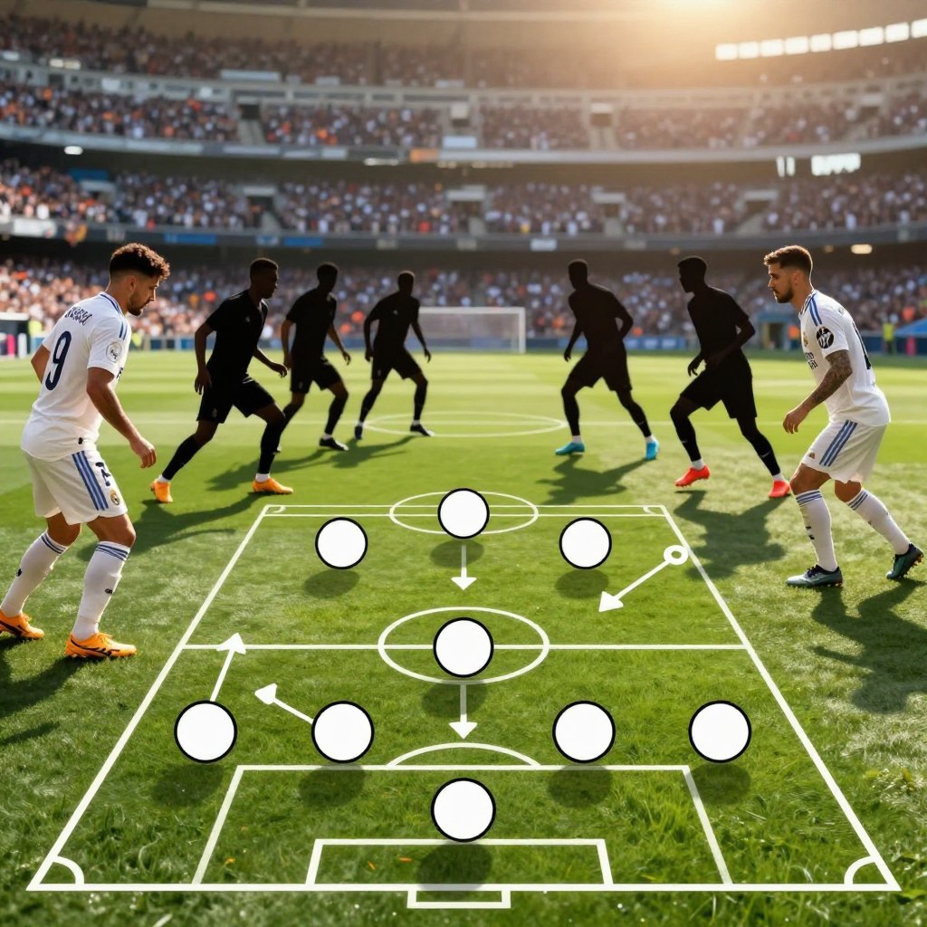A dynamic and strategic illustration capturing the essence of Real Madrid's game plan. In the foreground, a tactical formation chart is artistically displayed, featuring player positions and movement arrows, set on a vibrant green pitch. In the middle ground, silhouettes of professional football players in Real Madrid jerseys are actively engaging in practice drills, showcasing their teamwork and coordination. The background includes a blurred stadium filled with passionate fans, creating an electrifying atmosphere. Golden hour lighting bathes the scene, casting soft shadows and enhancing the mood of determination and focus. The image should evoke a sense of strategy, professionalism, and the intensity of competitive football, suitable for an analytical sports article.