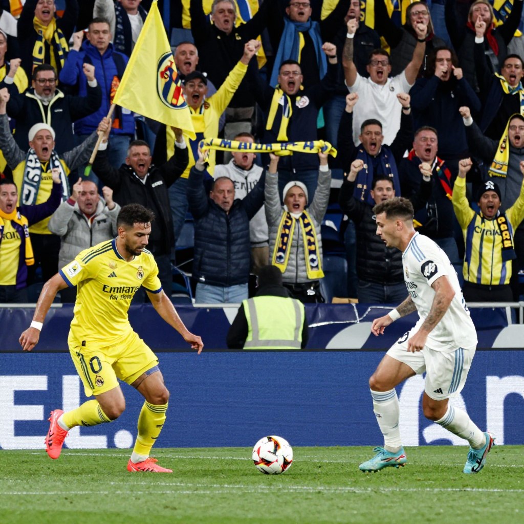 A dynamic football scene capturing key moments from a Villarreal vs. Real Madrid match. In the foreground, two players in vibrant yellow (Villarreal) and white jerseys (Real Madrid) are intensely competing for the ball, showcasing their athleticism and determination. The middle ground features a small group of cheering fans, waving flags and scarves, their expressions filled with excitement and anticipation. In the background, a stadium with vivid lighting illuminates the field, enhancing the thrilling atmosphere. The camera angle is slightly low to emphasize the players' movements, with a focus on capturing the tension and energy of the game. The overall mood is electrifying, encapsulating the essence of competitive football while highlighting the camaraderie and passion of the fans. A dynamic football scene capturing key moments from a Villarreal vs. Real Madrid match. In the foreground, two players in vibrant yellow (Villarreal) and white jerseys (Real Madrid) are intensely competing for the ball, showcasing their athleticism and determination. The middle ground features a small group of cheering fans, waving flags and scarves, their expressions filled with excitement and anticipation. In the background, a stadium with vivid lighting illuminates the field, enhancing the thrilling atmosphere. The camera angle is slightly low to emphasize the players' movements, with a focus on capturing the tension and energy of the game. The overall mood is electrifying, encapsulating the essence of competitive football while highlighting the camaraderie and passion of the fans.